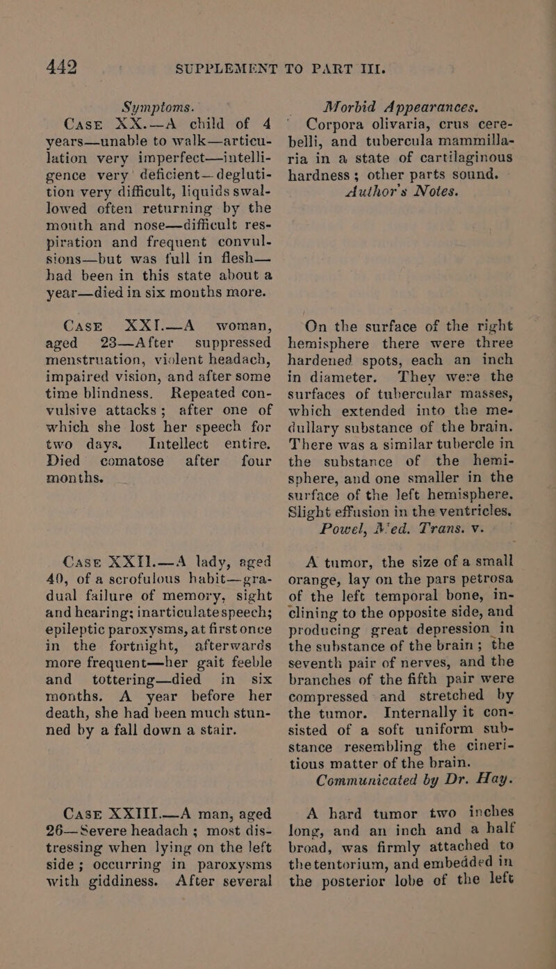 Symptoms. CasE XX.—A child of 4 years—unable to walk—articu- lation very imperfect—intelli- gence very deficient— degluti- tion very difficult, liquids swal- lowed often returning by the mouth and nose—difficult res- piration and frequent convul- sions—but was full in flesh— had been in this state about a year—died in six months more. Case XXI.—A woman, aged 23—After suppressed menstruation, violent headach, impaired vision, and after some time blindness. Repeated con- vulsive attacks; after one of which she lost her speech for two days. Intellect entire. Died comatose after four months. Cast XXI1.—A lady, aged 40, of a scrofulous habit—gra- dual failure of memory, sight and hearing: inarticulatespeech; epileptic paroxysms, at first once in the fortnight, afterwards more frequent—her gait feeble and tottering—died in six months. A year before her death, she had been much stun- ned by a fall down a stair. CasE XXIITI.—A man, aged 26—Severe headach ; most dis- tressing when lying on the left side; occurring in paroxysms with giddiness. After several Morbid Appearances. Corpora olivaria, crus cere- belli, and tubercula mammilla- ria in a state of cartilaginous hardness ; other parts sound. Author's Notes. On the surface of the right hemisphere there were three hardened spots, each an inch in diameter. They were the surfaces of tubercular masses, which extended into the me- dullary substance of the brain. There was a similar tubercle in the substance of the hemi- sphere, and one smaller in the surface of the left hemisphere. Slight effusion in the ventricles, Powel, Med. Trans. v. A tumor, the size of a small orange, lay on the pars petrosa of the left temporal bone, in- clining to the opposite side, and producing great depression in the substance of the brain; the seventh pair of nerves, and the branches of the fifth pair were compressed and stretched by the tumor. Internally it con- sisted of a soft uniform sub- stance resembling the cineri- tious matter of the brain. Communicated by Dr. Hay. A hard tumor two inches long, and an inch and a half broad, was firmly attached to thetentorium, and embedded in the posterior lobe of the left