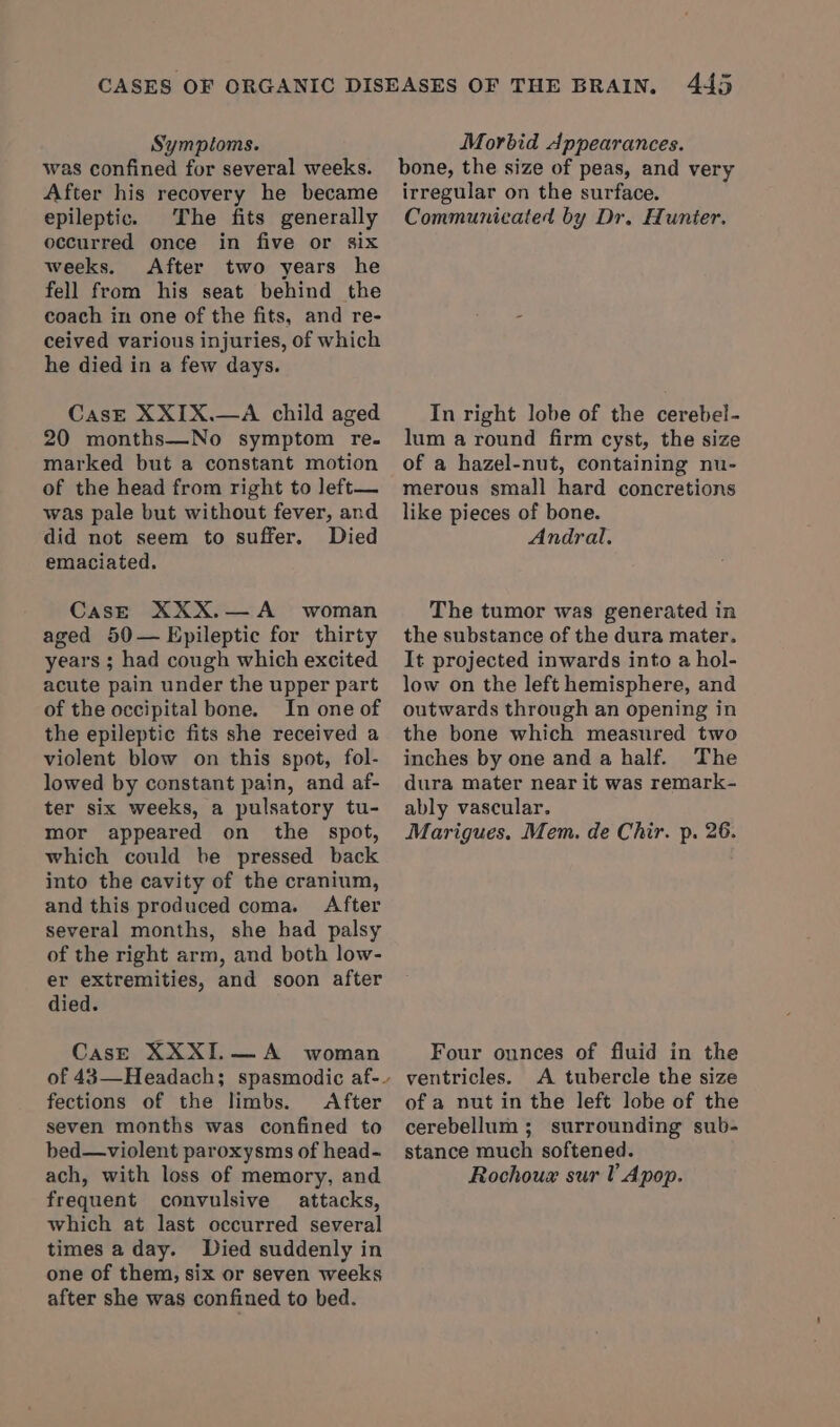 was confined for several weeks. After his recovery he became epileptic. The fits generally occurred once in five or six weeks. After two years he fell from his seat behind the coach in one of the fits, and re- ceived various injuries, of which he died in a few days. CasE XXIX.—A child aged 20 months—No symptom re. marked but a constant motion of the head from right to left— was pale but without fever, and did not seem to suffer. Died emaciated. CasE XXX.—A_ woman aged 50— Epileptic for thirty years ; had cough which excited acute pain under the upper part of the occipital bone. In one of the epileptic fits she received a violent blow on this spot, fol- lowed by constant pain, and af- ter six weeks, a pulsatory tu- mor appeared on the spot, which could be pressed back into the cavity of the cranium, and this produced coma. After several months, she had palsy of the right arm, and both low- er extremities, and soon after died. Cask XXXI.—A_ woman fections of the limbs. After seven months was confined to bed—violent paroxysms of head- frequent convulsive attacks, which at last occurred several times a day. Died suddenly in one of them, six or seven weeks after she was confined to bed. 445 bone, the size of peas, and very irregular on the surface. Communicated by Dr. Hunter. In right lobe of the cerebel- lum a round firm cyst, the size of a hazel-nut, containing nu- merous small hard concretions like pieces of bone. Andral, The tumor was generated in the substance of the dura mater. It projected inwards into a hol- low on the left hemisphere, and outwards through an opening in the bone which measured two inches by one and a half. The dura mater near it was remark- ably vascular. Marigues. Mem. de Chir. p. 26. Four ounces of fluid in the ventricles. A tubercle the size of a nut in the left lobe of the cerebellum ; surrounding sub- stance much softened.