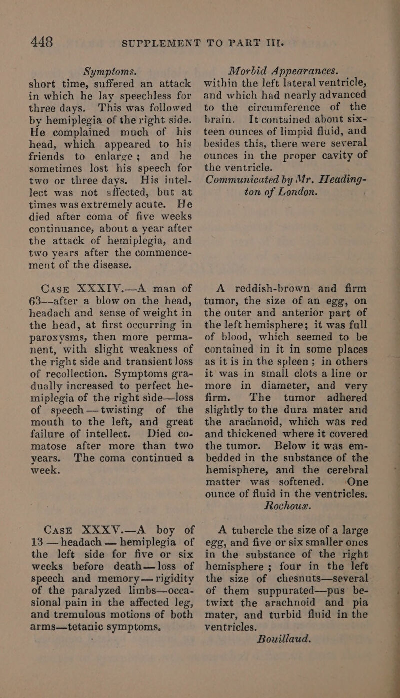 Symptoms. short time, suffered an attack in which he lay speechless for three days. This was followed by hemiplegia of the right side. He complained much of his head, which appeared to his friends to enlarge; and he sometimes lost his speech for two or three days. His intel- lect was not sffected, but at times was extremely acute. He died after coma of five weeks continuance, about a year after the attack of hemiplegia, and two years after the commence- ment of the disease. CasE XXXIV.—A man of 63-—after a blow on the head, headach and sense of weight in the head, at first occurring in paroxysms, then more perma- nent, with slight weakness of the right side and transient loss of recollection. Symptoms gra- dually increased to perfect he- miplegia of the right side—loss of speech——twisting of the mouth to the left, and great failure of intellect. Died co- matose after more than two years. The coma continued a week. CasE XXXV.—A boy of 13 — headach — hemiplegia of the left side for five or six weeks before death—loss of speech and memory —rigidity of the paralyzed limbs—occa- siona] pain in the affected leg, and tremulous motions of both arms—tetanic symptoms. Morbid Appearances. within the left lateral ventricle, and which had nearly advanced to the circumference of the brain. It contained about six- teen ounces of limpid fluid, and besides this, there were several ounces in the proper cavity of the ventricle. Communicated by Mr. age ton of London. A reddish-brown and firm tumor, the size of an egg, on the outer and anterior part of the left hemisphere; it was full of blood, which seemed to be contained in it in some places as it is in the spleen; in others it was in small clots a line or more in diameter, and very firm. The tumor adhered slightly to the dura mater and the arachnoid, which was red and thickened where it covered the tumor. Below it was em- bedded in the substance of the hemisphere, and the cerebral matter was softened. One ounce of fluid in the ventricles. Rochoux. A tubercle the size of a large egg, and five or six smaller ones in the substance of the right hemisphere ; four in the left the size of chesnuts—several of them suppurated—pus be- twixt the arachnoid and pia mater, and turbid fluid in the ventricles. Bouillaud. ———-. —- 3