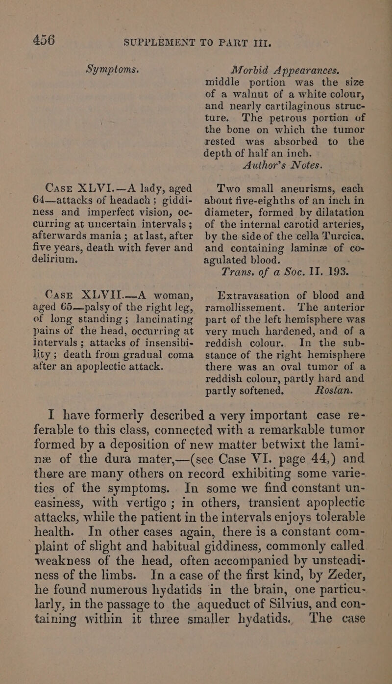 Symptoms, Cast XLVI.—A lady, aged 64—attacks of headach; giddi- ness and imperfect vision, oc- curring at uncertain intervals ; afterwards mania; at last, after five years, death with fever and delirium. CasE XLVII.—A woman, aged 65—palsy of the right leg, of long standing; lancinating pains of the head, occurring at intervals ; attacks of insensibi- lity ; death from gradual coma after an apoplectic attack. Morbid Appearances. middle portion was the size of a walnut of a white colour, and nearly cartilaginous struc- ture. The petrous portion of the bone on which the tumor rested was absorbed to the depth of half an inch. Author’s Notes. Two small aneurisms, each about five-eighths of an inch in diameter, formed by dilatation of the internal carotid arteries, by the side of the cella Turcica, and containing laminz of co- agulated blood. Trans. of a Soc. II. 193. Extravasation of blood and ramollissement. ‘The anterior part of the left hemisphere was very much hardened, and of a reddish colour. In the sub- stance of the right hemisphere there was an oval tumor of a reddish colour, partly hard and partly softened. Rostan. ferable to this class, connected with a remarkable tumor formed by a deposition of new matter betwixt the lami- nz of the dura mater,—(see Case VI. page 44,) and there are many others on record exhibiting some varie- ties of the symptoms. In some we find constant un- easiness, with vertigo ; in others, transient apoplectic attacks, while the patient in the intervals enjoys tolerable health. In other cases again, there is a constant com- plaint of slight and habitual giddiness, commonly called weakness of the head, often accompanied by unsteadi- ness of the limbs. In acase of the first kind, by Zeder, he found numerous hydatids in the brain, one particu- larly, in the passage to the aqueduct of Silvius, and con- taining within it three smaller hydatids. The case