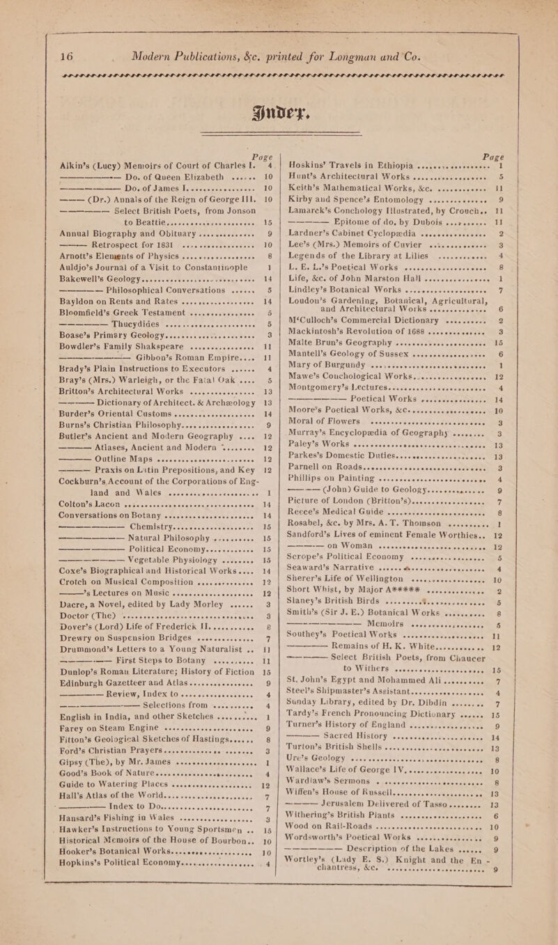 BPELEILOE LOE LIOLOLO LES Page Aikin’s (Lucy) Memoirs of Court of CharlesI. 4 -———- Do. of Queen Elizabeth ...:-. 10 ————-——— Do. of James I. .cccesceceeseees 10 ——— (Dr.) Annals of the Reign of George III. 10 —————— Select British Poets, from Jonson LOMBCALIC Lue ecesecasinaseessesscn LO Annual Biography and Obituary ....ccesecceees 9 ——-— Retrospect for 1831 Arnott’s Elements of Physics .....:cesscccssese 8 Auldjo’s Journal of a Visit to Constantinople 1 Bakewell’s Geology ....cscccccrcrccevesvecceess 14 ———-—— Philosophical Conversations ...... 5 Bayldon on Rents and Rates .....cescsseseesee 14 Bloomfield’s Greek Testament ....ccscessceeee 5 wee EDLC VLOGS taletsclolc lel elie eis iciere.cctsts sien tO Boase’s Primary Geology..cccccsccscsscceseese 3 Bowdler’s Family Shakspeare ........eeceeoes I1 —————_—_*_* Gibbon’s Roman Empire.... 11 Brady’s Plain Instructions to Executors ...... 4 Bray’s (Mrs.) Warleigh, or the Fata! Oak .... 5 Britton’s Architectural Works ——-—— Dictionary of Architect. &amp; Archeology 13 Burder’s Oriental Customs ......ccccssoccsceee 14 Burns’s Christian Philosophy... ssesceccseeees 9 Butler’s Ancient and Modern Geography .... 12 ———— Atiases, Ancient and Modern *%....... 12 ———— Outline Maps ...cccccvccesecce-cooves 12 ———— Praxis on Litin Prepositions, and Key 12 Cockburn’s Account of the Corporations of Eng- land and Wales COlEO USA CO Me asleelsiniesleinicisieiaiisele vieieisie scve lose 4 Conversations On Botany ...ceccccccscccsccsece 14 cesecceccesssevees 10 eenccceseceeeeee 13 ecccccccpeseccssesesee 1 —&lt;—&lt;—&lt;— Chemistry. sccccscccceeascees. 15 —-—— Natural Philosophy ......2... 15 ———— ———— Politica] Economy............ 15 a eS Vegetable Physiology ........ 15 Coxe’s Biographical and Historical Works.... 14 Crotch on Musical Composition ....scecosseees 12 MS LECtUTES’ON NIASIC ceccessavcsacccccces 12 Dacre, a Novel, edited by Lady Morley ...... 3 PYOCUO GUC) mrsvaisavicleisiecasiecic soas.rins anise €Cse kn ed Dover’s (Lord) Life of Frederick U........... &amp; Drewry on Suspension Bridges ..........050. = 7 Drummond’s Letters toa Young Naturalist .. {1 ————E First Steps to Botany .......... 11 Dunlop’s Roman Literature; History of Fiction 15 Edinburgh Gazetteer and Atlas...ccsccecsseses 9 am TLOVICW sLNUCK LOlecacissticesccecc cee ——-——_—_—_—-—_—. Selections from »........+6 English in India, and other Sketches .......... Farey on Steam Engin€ ...-..ssccccececcecces Fitton’s Geological Sketches of Hastings....., Hond2smopristianeeray CQB aicisiownclsissicie igs isc olsen Gipsy (The), by Mr. James ....ccccccasccccacse Good7srBookeof Naturewscs cccsciissccstcceccccc Guide to Watering Places ....ccscocccccceccess FailissA tas oLithe. World...i6 s0ssteveessee desks Pat NACKICO ML Oosieis's odiccleseesibiccecd one Hansard’s Fishing in Wales .........ceccccece Hawker’s Instructions to Young Sportsmen .. 14 Historical Memoirs of the House of Bourbon.. 10 Hooker’s Botanical Works....ccossssecseseees 10 Hopkins’s Political Economy.....csereccseveees . 4 a wonnt wo ®KHK HO DOO = PP AP Page Hoskins’ Travels in Ethiopia .s.ceeseessscecess 1 Huntis-Arehitecturall Works) cc scsseesle sscleiseen &gt; Keith’s Mathematical Works, &amp;c. esccseceeoes Il Kirby and Spence’s Entomology .....s.eeseses 9 Lamarck’s Conchology I!lustrated, by Crouch.. 11 ————— Epitome of do. by Dubois ...2...... 11 Lardner’s Cabinet Cyclopedia .c.cccccccecceses 2 Lee’s (Mrs.) Memoirs of Cuvier Legends of the Library at Lilies L, E. L.’s Poetical Works Life, &amp;c. of John Marston Hall ..csceceesccoces Lindley’s Botanical Works ....e0e.eeee cconcce Loudon’s Gardening, Botanical, Agricultural, and Architectural Works .c....sccseses 6 M*‘Culloch’s Commercial Dictionary .......... 2 Mackintosh’s Revolution Of 1688 .ecccccsvesese 3 Maite Brun’s Geography o-..cvcsscesls vo ccee eee ho Mantell’s Geology of Sussex ....ccccssccesreee 6 Mary 0fJBureundy &lt;2. csccne cules ce sine teeners mean Mawe’s Couchological Works......escsecsseoss 12 Montgomery’ Suecturess ecccis cis se sieisteiewseceatss sme. ——————— Poetical Works ce.cescccceseees 14 Moore’s. Poetical, Works, &amp;C&lt; cesccsesesscentcosem 10 Moral Of FIO WErs y iscncss.cs'eiccsincvic ieee ees se aa Murray’s Encyclopedia of Geography ........ 3 WIAICVZS WIOLKS sccileseien «se eesienere orciea re eet S Parkes’s\Domestic Dities...cesscce ses casiameete to ParmnelliOn WOGds. cise.eisvs vies's vise cielsive teeta Phillips tOnePaintine ss. sceclweisaoeaine satecteies —— (John) Guide to Geology.....cecncee oe Picture of London (Britton’s)..cc.ccesccocs cscs Reece's Medical Gindes\..epece sects coca corte Rosabel, &amp;c. by Mrs. A. T. Thomson .......... Sandford’s Lives of eminent Female Worthies.. 12 —_———-— ON WOMAN. sswcecessiciasesmeci ose ele Scrope’s Political Poonomy) sn. cusewsstsaaslece aan Seaward’s Narrative. iss. dusciccccicals loasececenmet Sherer’s Lifevof Wellington. ccc.ecceessnccecen 0 Short Whist, by Major A¥¥*#**® .....cccevceee 2 Slaney’s British* Birds y.1..cecseMecvess see cote sn aD Smith’s (Sir J. E.) Botanical Works .......... &amp; Sees esceresesee eee erec eres Ceeeesastossesses sees Ie oO Rw —- On © &amp; ———-— —— ——— Memoirs eeccccccccseccsece 5 Southey’s Poetical Works cssses-siesucsey sesame an ——-——— Remainsiof H.K. Whitescessseececeenl2 ————— Select British Poets, from Chaucer COUWiER ERS. Jowaiciescieceoees teen ee eeLD St. John’s Egypt and Mohammed Ali.......... 7 Steel’s Shipmaster’s Assistant.....ccceescscecee 4 Sunday Library, edited by Dr. Dibdin ........ 7 Tardy’s French Pronouncing Dictionary ...... 15 Turneér’s' History ofPEnpland’ aes. eee eee sees ee uO —————— SACTEA HMASlOry sieveresce rete ree gacnes (14 Rarton’s*British Shes’. 2. + ccceeeneres testes Uré’s' Geology iss weseceecscnccitietcnehoneces Smee Wallace’s Life of George 1V....-.-ccecesessese 10 VWiardlaw/s S€rMong. keucese scscccntioceecieee ems Wiiften?s House of Russell. .c.s ce eecctntcreteea ale ———— Jerusalem Delivered of Tasso........ 13 Withering?s British Plants, scscscdescessiccccessemnG Woodlon Rall-Roddstesaccaccc ce csscaenenie sare O Wordsworth’s Poetical Works ....c.ccccosecee 9 Ep bet t Description of the Lakes ...... 9 Wortley’s (Lady E. S.) Knight and the En - chantress, &amp;c, 25666 noises elusecccacenien®