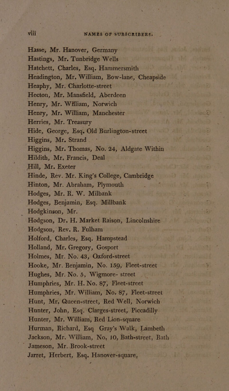 Hasse, Mr. Hanover, Germany Hastings, Mr. Tunbridge Wells Hatchett, Charles, Esq. Hammersmith Headington, Mr, William, Bow-lane, eves abe Heaphy, Mr. Charlotte-street Hecton, Mr. Mansfield, Aberdeen Henry, Mr. William, Norwich Henry, Mr. William, Manchester Herries, Mr. Treasury Hide, George, Esq. Old slingtndetc Higgins, Mr, Strand Higgins, Mr. Thomas, No. 24, Aldgate Within Hildith, Mr, Francis, Deal Hill, Mr. Exeter Hinde, Rev. Mr. King’s College, Cambridge Hinton, Mr. Abraham, Plymouth — ‘ Hodges, Mr. R. W. Milbank Hodges, Benjamin, Esq. Millbank Hodgkinson, Mr. Hodgson, Dr. H. Market Raison, Lincolnshire Hodgson, Rev. R. Fulham Holford, Charles, Esq. Hampstead Holland, Mr. Gregory, Gosport Holmes, Mr. No. 43, Oxford-street Hooke, Mr. Benjamin, No. 159, Fleet-street Hughes, Mr. No. 5, Wigmore- street Humphries, Mr. H. No. 87, Fleet-street Humphries, Mr. William, No. 87, Fleet-street Hunt, Mr. Queen-street, Red Well, Norwich Hunter, John, Esq. Clarges-street, Piccadilly Hunter, Mr. William, Red Lion-square Hurman, Richard, Esq Gray’s Walk, Lambeth Jackson, Mr. William, No. 10, Bath-street, Bath ' Jameson, Mr. Brook-streét Jarret, Herbert, Esq. Hanover-square, a