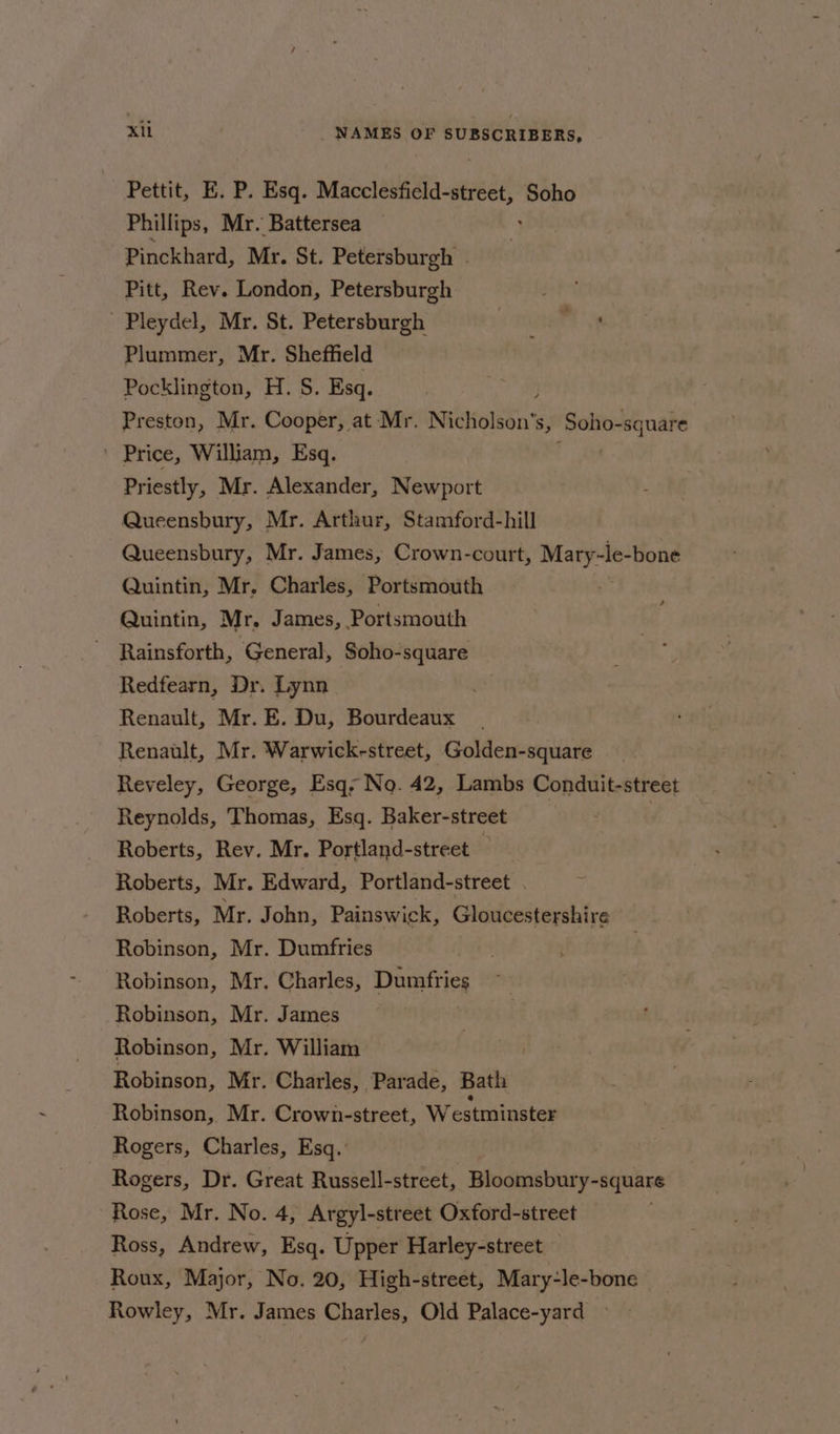 Pettit, E. P. Esq. ce Soho Phillips, Mr. Battersea Pinckhard, Mr. St. Petersburgh - Pitt, Rev. London, Petersburgh Pleydel, Mr. St. Petersburgh ? ‘ , Plummer, Mr. Sheffield Pocklington, H. S. Esq. Preston, Mr. Cooper, at Mr. Nicholgén’ Sy Soho-square ' Price, William, Esq. Priestly, Mr. Alexander, Newport Queensbury, Mr. Arthur, Stamford-hill Queensbury, Mr. James, Crown-court, Mary-le-bone Quintin, Mr. Charles, Portsmouth Quintin, Mr, James, Portsmouth Rainsforth, General, Soho-square Redfearn, Dr. Lynn Renault, Mr. E. Du, Bourdeaux Renault, Mr. Warwick-street, Golden-square Reveley, George, Esq, No. 42, Lambs Conduit-street Reynolds, Thomas, Esq. Baker-street Roberts, Rev. Mr. Portland-street , Roberts, Mr. Edward, Portland-street . Roberts, Mr. John, Painswick, Gloucestershire Robinson, Mr. Dumfries Robinson, Mr. Charles, Dumfries Robinson, Mr. James Robinson, Mr. William Robinson, Mr. Charles, Parade, Bath Robinson, Mr. Crown-street, Westminster Rogers, Charles, Esq. Rogers, Dr. Great Russell-street, Bloomsbury-square Rose, Mr. No. 4, Argyl-street Oxford-street Ross, Andrew, Esq. Upper Harley-street Roux, Major, No. 20, High-street, Mary-le-bone Rowley, Mr. James Charles, Old Palace-yard