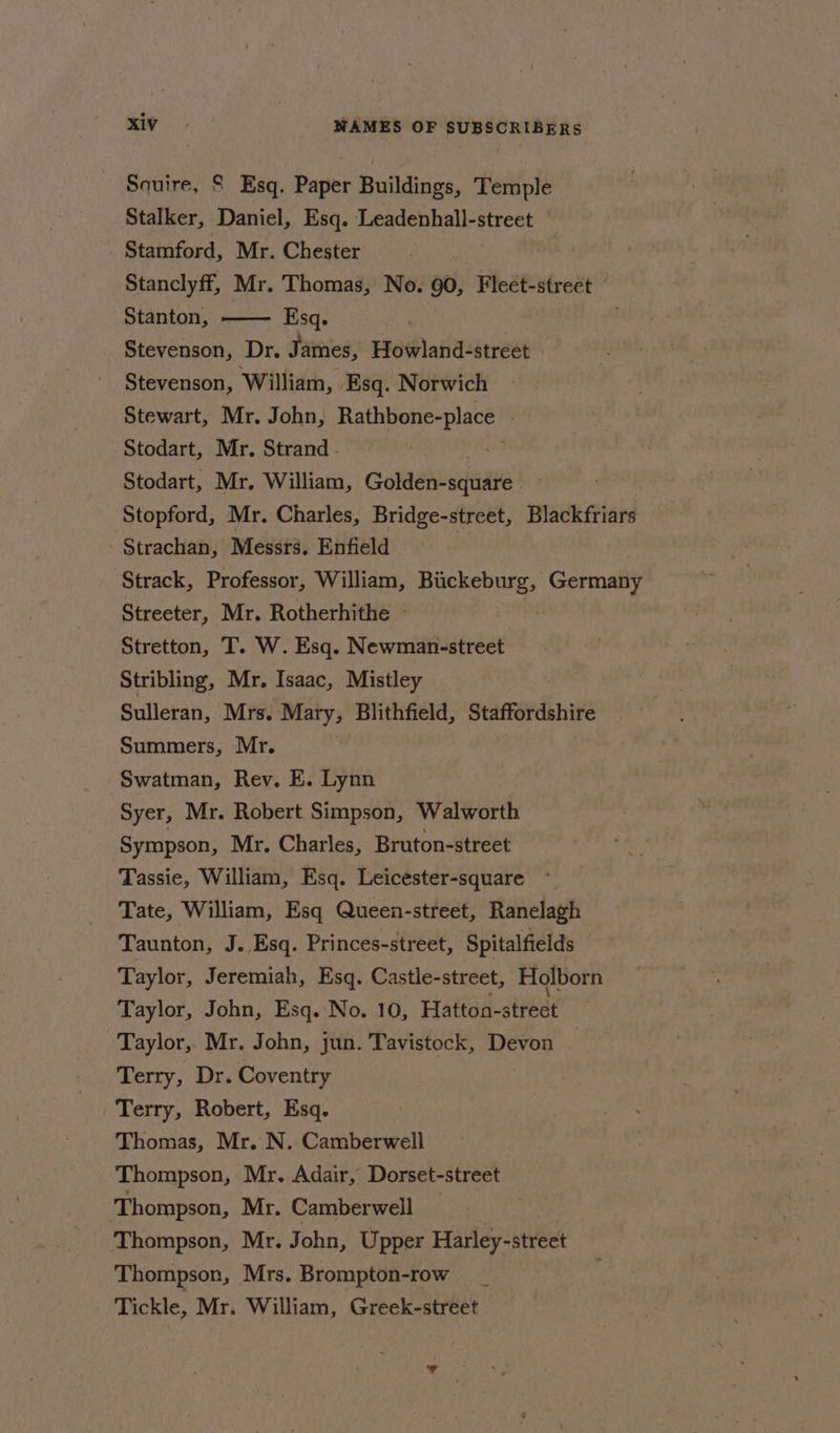 Souire, S Esq. Paper Buildings, Temple Stalker, Daniel, Esq. Leadenhall-street | Stamford, Mr. Chester Stanclyff, Mr. Thomas, No. 90, Fleet-street ” Stanton, Esq. Stevenson, Dr. James, Howland-street | Stevenson, William, Esq. Norwich Stewart, Mr. John, Rathbone- Pat | Stodart, Mr. Strand. Stodart, Mr. William, Goldeavaquaie Stopford, Mr. Charles, Bridge-street, Blackfriars Strachan, Messrs. Enfield Strack, Professor, William, Bickeburg, Germany Streeter, Mr. Rotherhithe ~ Stretton, T. W. Esq. Newman-street Stribling, Mr. Isaac, Mistley Sulleran, Mrs. Mary, Blithfield, Staffordshire Summers, Mr. Swatman, Rev. E. Lynn Syer, Mr. Robert Simpson, Walworth Sympson, Mr. Charles, Bruton-street Tassie, William, Esq. Leicester-square Tate, William, Esq Queen-street, Ranelagh Taunton, J. Esq. Princes-street, Spitalfields Taylor, Jeremiah, Esq. Castle-street, Holborn Taylor, John, Esq. No. 10, Hattod-street Taylor, Mr. John, jun. Tavistock, Devon Terry, Dr. Coventry Terry, Robert, Esq. Thomas, Mr. N. Camberwell Thompson, Mr. Adair, Dorset-street Thompson, Mr. Camberwell Thompson, Mr. John, Upper Harley-street Thompson, Mrs. Brompton-row Tickle, Mr. William, Greek-street