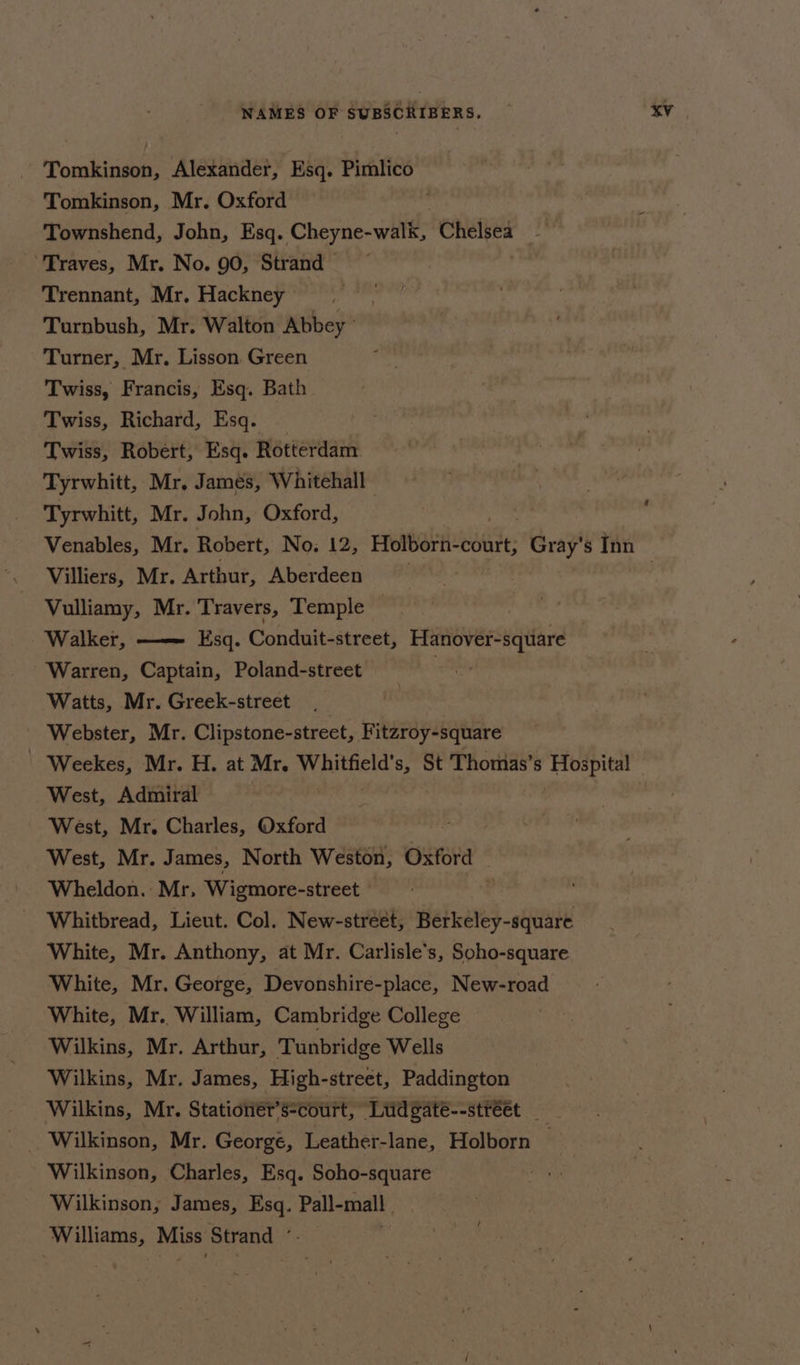 Tomkinson, Alexander, Esq. Pimlico Tomkinson, Mr. Oxford Townshend, John, Esq. Cheyne-walk, Chelsea — Traves, Mr. No. 90, Strand Trennant, Mr. Hackney | Turnbush, Mr. Walton Abbey Turner, Mr. Lisson Green Twiss, Francis, Esq. Bath Twiss, Richard, Esq. _ Twiss, Robert, Esq. Rotterdam Tyrwhitt, Mr, James, Whitehall Tyrwhitt, Mr. John, Oxford, Venables, Mr. Robert, No. 12, Holborn- court, Gray's Inn Villiers, Mr. Arthur, Aberdeen : Vulliamy, Mr. Travers, Temple — Walker, —— Esq. Conduit-street, Hanover-square , Warren, Captain, Poland-street . Watts, Mr. Greek-street __ Webster, Mr. Clipstone-street, Fitzroy-square - Weekes, Mr. H. at Mr. + A gisele St Thomas’ S fei dei West, Admiral 1 West, Mr. Charles, Oxford West, Mr. James, North Weston, Oxford Wheldon. Mr, Wigmore-street © | Whitbread, Lieut. Col. New-street, sek ane il White, Mr. Anthony, at Mr. Carlisle's, Soho-square White, Mr. George, Devonshire-place, New-road White, Mr. William, Cambridge College Wilkins, Mr. Arthur, Tunbridge Wells Wilkins, Mr. James, High-street, Paddington Wilkins, Mr. Stationét’s:court, Ludgate--stréet Wilkinson, Mr. George, Leather- lane, Holborn | Wilkinson, Charles, Esq. Soho-square Wilkinson, James, rae Pall-mall isa Miss Strand |