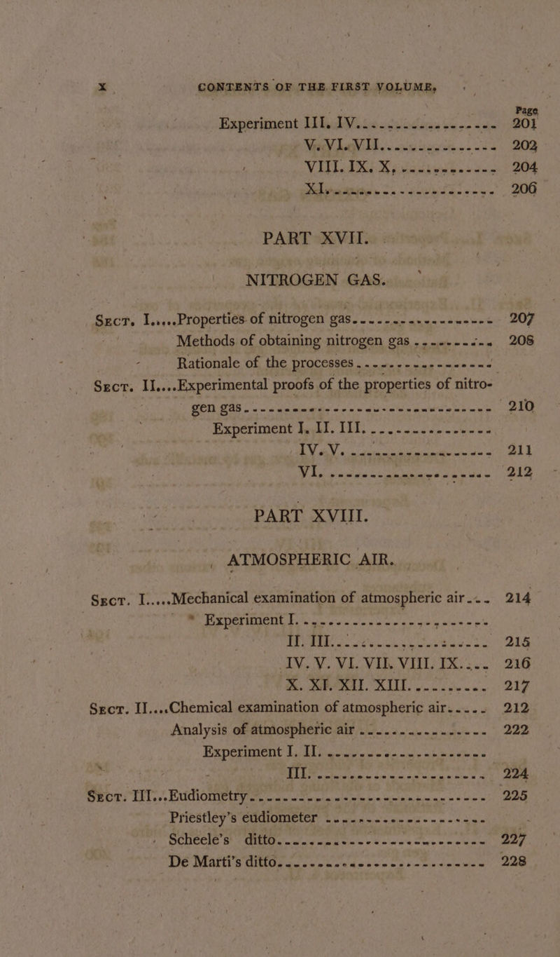 ae ; Page, Experiment: Lah Vive oceociie se ce «- 20] Way ha i. . ww seein «eu 203 VILL DG Riimadivnh-s san: 204 Melita ws = debe e een we 206 PART XVII. NITROGEN GAS. Sect. I.....Properties of nitrogen gas é fapatinne as os PR REG ARES 207 | Methods of obtaining nitrogen PAS no meteie = « ‘a=. 208 Rationale of the processes . RI Sie hg Es SEL | Sect: II....Experimental proofs of the properties of nitro- GEN AS _ a se wmadin cree cw nen enwnearnee 210 Experiment Fel. Til. nce wectnes | Ty! Fe RE Bhs i uae O42 RRR iran gees pL 212 PART XVIII. | ATMOSPHERIC AIR. Srecr. I.....Mechanical examination of atmospheric air... 214 vs Experiment Bee ae debe geen nek a alow els bye LIS | ISAS oy we ren 215 IV. Y. VI. VII. VIII. IX. 5 m. weal, BLL. yn sen 217 Sect. II....Chemical examination of atmospheric air.... . 212 Analysis of atmospheric air ........- yi eae 222 Experiment IJ. II. ......- eccahe al ices &gt; ; A psc ane apa nigel eer 224 BROT TL1,,, PMGOORE LN et an teste eka ane dinnn + 3 ob 225 Priestley’s SNOINETETY © des ec ed- &lt;2 ae~ LOG UCCLE St (A Wad aL wins wh n'ai t'e ine om ne 227 ie WEsS Wt a do ee ec es eee 228