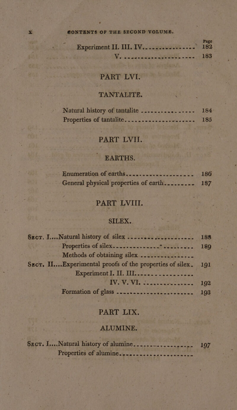 Experiment Il. U1. IW. cs geiwi.ee ...2) 182 IY + ia te abel ela Ga ining Ale. nee 183 PART LVI. TANTALITE. .' Natural history of tantalite ......... ak nee a 184 Properties of tantalite...........-..- dew whale’ 185 PART LVII. EARTHS. - Rnumeration of ‘earths... 2... eu. ncscccnsmce 186 General physical properties of earth......... 187 PART LVIII. SILEX.. Szcr. I....Natural history of silex -.... o4e Rives 2 IBS Properties of silex.............- RA. e MG Ths Methods of obtaining silex .....-......--.- Sect. II....Experimental proofs of the properties of silex. 191 Bxpermienc tA: ALT laa ook w aie ia le ROWE nthe TW Me sh din eel ete wie 192 Formation of glass ............ Bare ails 193 PART LIX. ALUMINE. - $gcr. I..,.Natural history of alumine.............,--,- 197 Properties of altimine yo ¢cncec ene seecer.