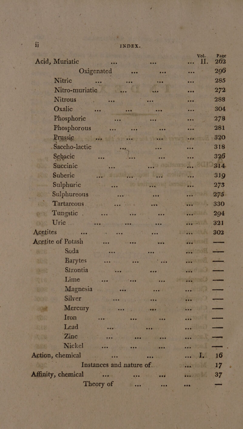 Acid, Muriatic &lt;i “Be Oxigenated yon Nitric Pid eee Nitrous Sau ages Oxalic Ja Pe Phosphoric SA ey Sy Phosphorous da seg ayee ar Prussic wee ve , Saccho-lactic Bae Sekacic Sep Mule Succinic is Se eeu Suberic » Tungstic . vas rhe Uric aes oie Acetites eu vse A Whee _Acetite of Potash ea ove Barytes Strontia sae My Lime hy se a Magnesia ods Silver ade “s ait Mercury wun tg “ Iron ie oe Lead Leas oe oe OE ae . Nickel ae ine Action, chemical ibe ay: pate Instances and nature of. Affinity, chemical eae Sa Theory of eee Vol. Set (tree Page 262 206 285 272 288 304 278 [) \