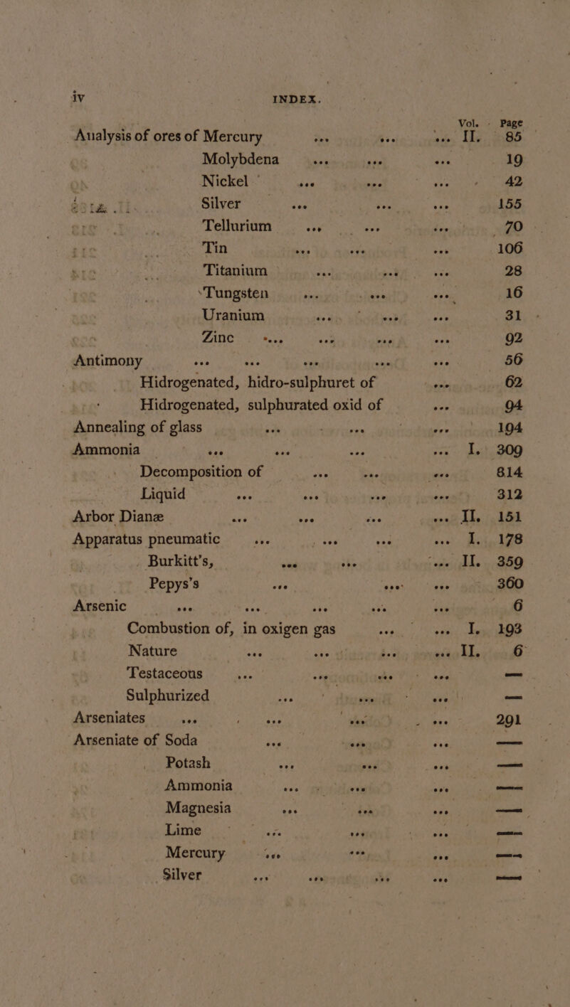 Analysis of ores of Mercury te oe ‘sel IT. Molybdena ove “9e &lt;i. Nickel — soa bate Th: Silver Tellurium oo Tin Titanium — ene ped ‘Tungsten sid sees Uranium do din whicict ood CANO 2 bas ‘03 Antimony | See dei +e we . Hidrogenated, hidro-sulphuret of ee : Hidrogenated, sulphurated oxid of Annealing of glass Ammonia eee es nd sate Decomposition of me si ene Liquid Si ay vi pote Arbor Diane xa re as oad Abe Apparatus pneumatic abe ten vad ee . Burkitt’s, od ove : epieyighbe Pepys’s eee eee: Amsenic § os caes sai she as Combustion of, in oxigen gas saga: RCSD ie Nature cae a eens eite ble Testaceous as ong gio V+ see Sulphurized eit. calamistis Arseniates eos eT bla * Arseniate of Soda ne Potash Ammonia eon. pponteny ove Magnesia eee bos “ae Lime hag 094 . Mercury iki ‘+ soe Silver ee Ps she ne