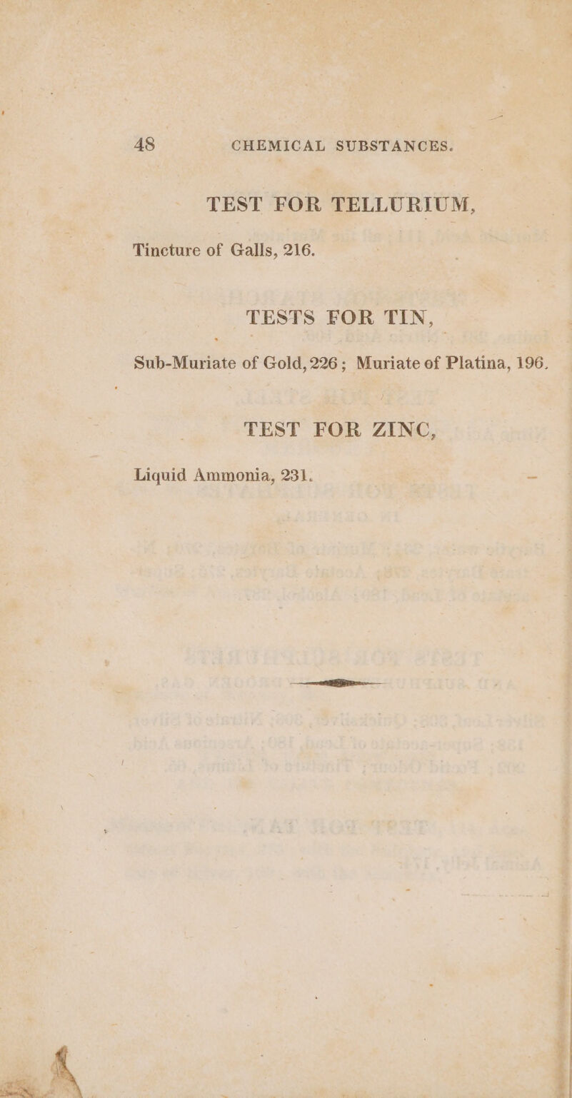 TEST FOR TELLURIUM, Tincture of Galls, 216. TESTS FOR TIN, | TEST FOR ZINC, Liquid Ammonia, 231.