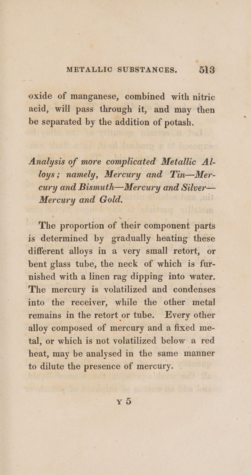 oxide of manganese, combined with nitric acid, will pass through it, and may then be separated by the addition of potash. Analysis of more complicated Metallic Al- loys; namely, Mercury and Tin—Mer- cury and Bismuth—Mercury and Stlver— Mercury and Gold. The proportion of their component parts is determined by gradually heating these different alloys in a very small retort, or bent glass tube, the neck of which is fur- nished with a linen rag dipping into water. — The mercury is volatilized and condenses into the receiver, while the other metal remains in the retort or tube. Every other alloy composed of mercury and a fixed me- tal, or which is not volatilized below a red heat, may be analysed in the same manner to dilute the presence of mercury. y 5