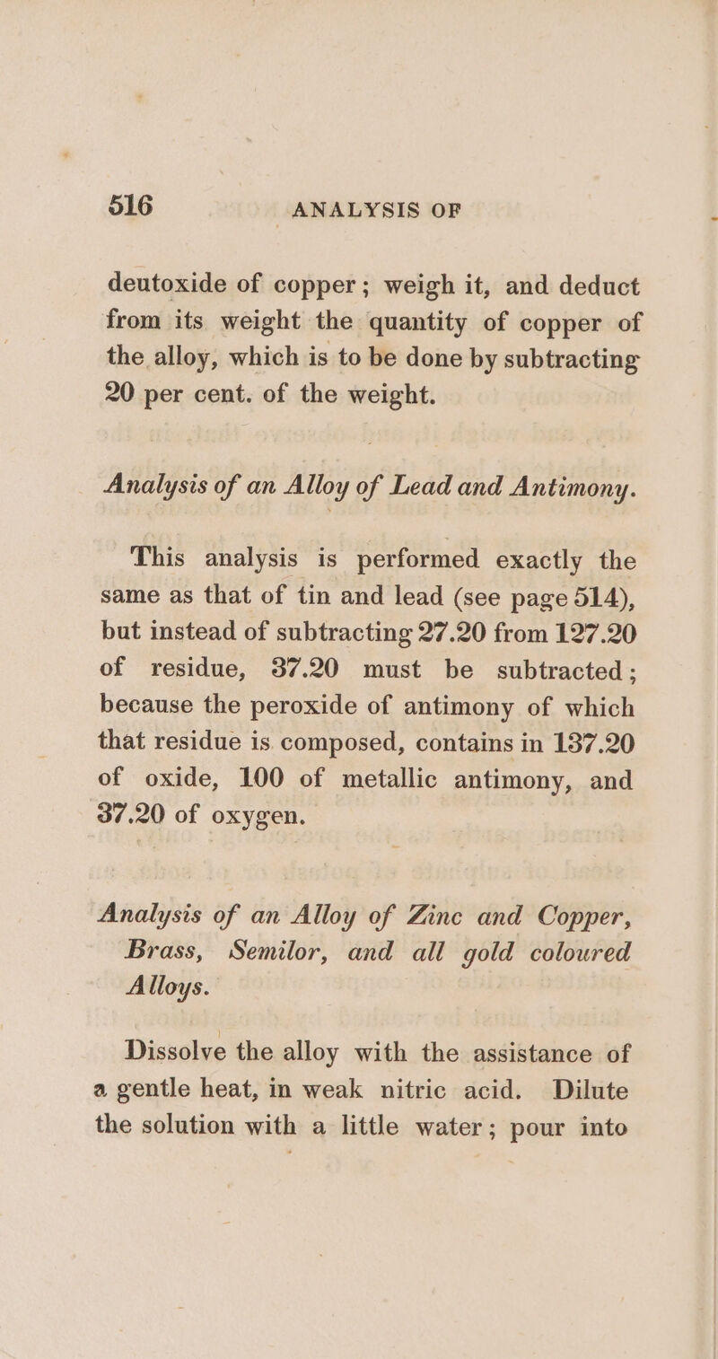 deutoxide of copper; weigh it, and deduct from its weight the quantity of copper of the alloy, which is to be done by subtracting 20 per cent. of the weight. Analysis of an Alloy of Lead and Antimony. This analysis is performed exactly the same as that of tin and lead (see page 514), but instead of subtracting 27.20 from 127.20 of residue, 37.20 must be subtracted; because the peroxide of antimony of which that residue is. composed, contains in 137.20 of oxide, 100 of metallic antimony, and 37.20 of oxygen. Analysis of an Alloy of Zinc and Copper, Brass, Semilor, and all gold coloured Alloys. Dissolve the alloy with the assistance of a gentle heat, in weak nitric acid. Dilute the solution with a little water; pour into