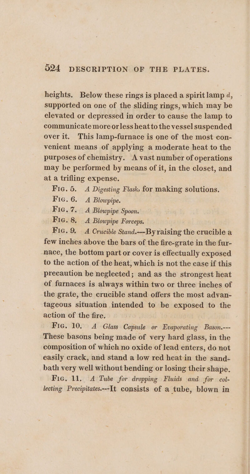 heights. Below these rings is placed a spirit lamp 4, supported on one of the sliding rings, which may be elevated or depressed in order to cause the lamp to communicate more or less heat to the vessel suspended over it. This lamp-furnace is one of the most con- venient means of applying a moderate heat to the purposes of chemistry. A vast number of operations may be performed by means of it, in the closet, and at a trifling expense. Fic. 5. A Digesting Flask, for ing solutions. Fic. 6. A Blowpipe. Fic. 7. A Blowpipe Spoon. Fig. 8, A Blowpipe Forceps. Fic. 9, A Crucible Stand.--By raising the crucible a few inches above the bars of the fire-grate in the fur- nace, the bottom part or cover is effectually exposed to the action of the heat, which is not the case if this precaution be neglected; and as the strongest heat of furnaces is always within two or three inches of the grate, the crucible stand offers the most advan- tageous situation intended to be exposed to the action of the fire. Fic. 10. A Glass Capsule or Evaporating Bason.--- These basons being made of very hard glass, in the composition of which no oxide of lead enters, do not easily crack, and stand a low red heat in the sand- bath very well without bending or losing their shape. Fig. 11. A Tube for dropping Fluids and for col- lecting Precipitates.---It consists of a tube, blown in