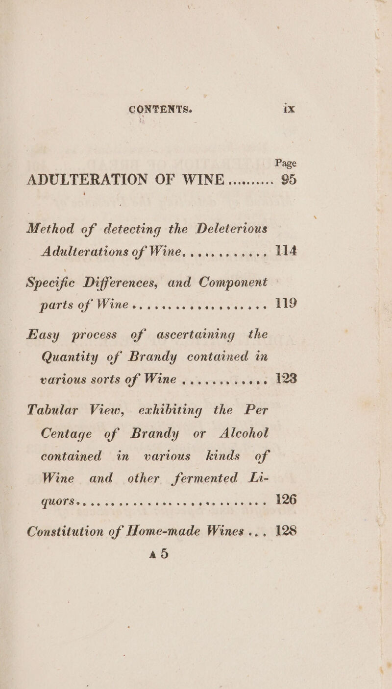 Method of detecting the Deleterious _ Adulterations of Wine. .... 1.0055. Specific Differences, and Component parts of Wine...... ao e038 @e8 88 09 5 Of Easy process of ascertaining the Quantity of Brandy contained in various sorts of Wine ........ stays Tabular View, exhibiting the Per Centage of Brandy or Alcohol contained in various kinds of Wine and other fermented La- quors:. eaeeeneoeve2e8 8 8 O88 © 8 8B SS 8%e HH Be @ Constitution of Home-made Wines... Ad 95 114 119 123 126 128