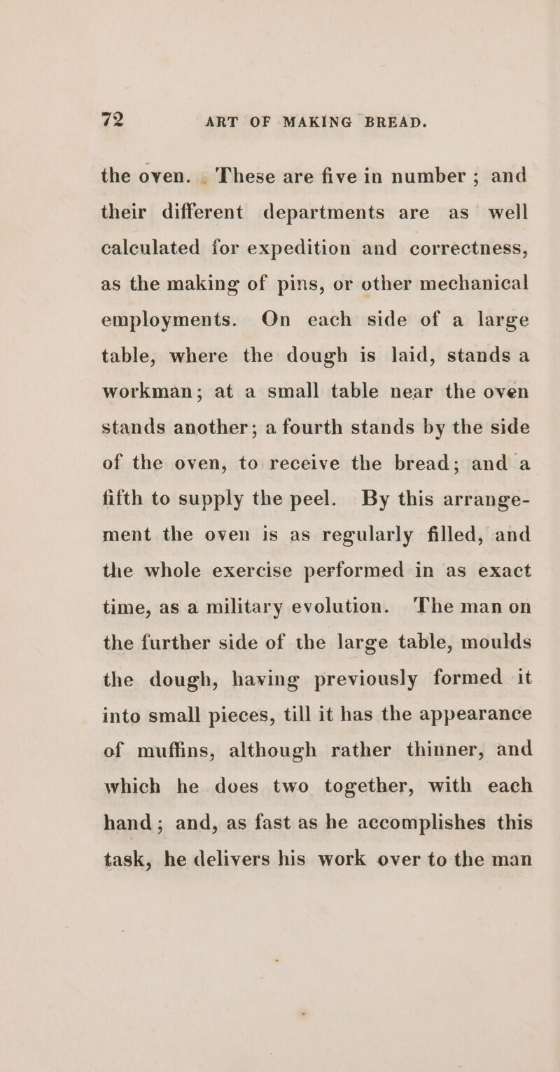 the oven. . These are five in number ; and their different departments are as_ well calculated for expedition and correctness, as the making of pins, or other mechanical employments. On each side of a large table, where the dough is laid, stands a workman; at a small table near the oven stands another; a fourth stands by the side of the oven, to receive the bread; and a fifth to supply the peel. By this arrange- ment the oven is as regularly filled, and the whole exercise performed in as exact time, as a military evolution. ‘The man on the further side of the large table, moulds the dough, having previously formed it into small pieces, till it has the appearance of muffins, although rather thinner, and which he does two together, with each hand; and, as fast as he accomplishes this task, he delivers his work over to the man