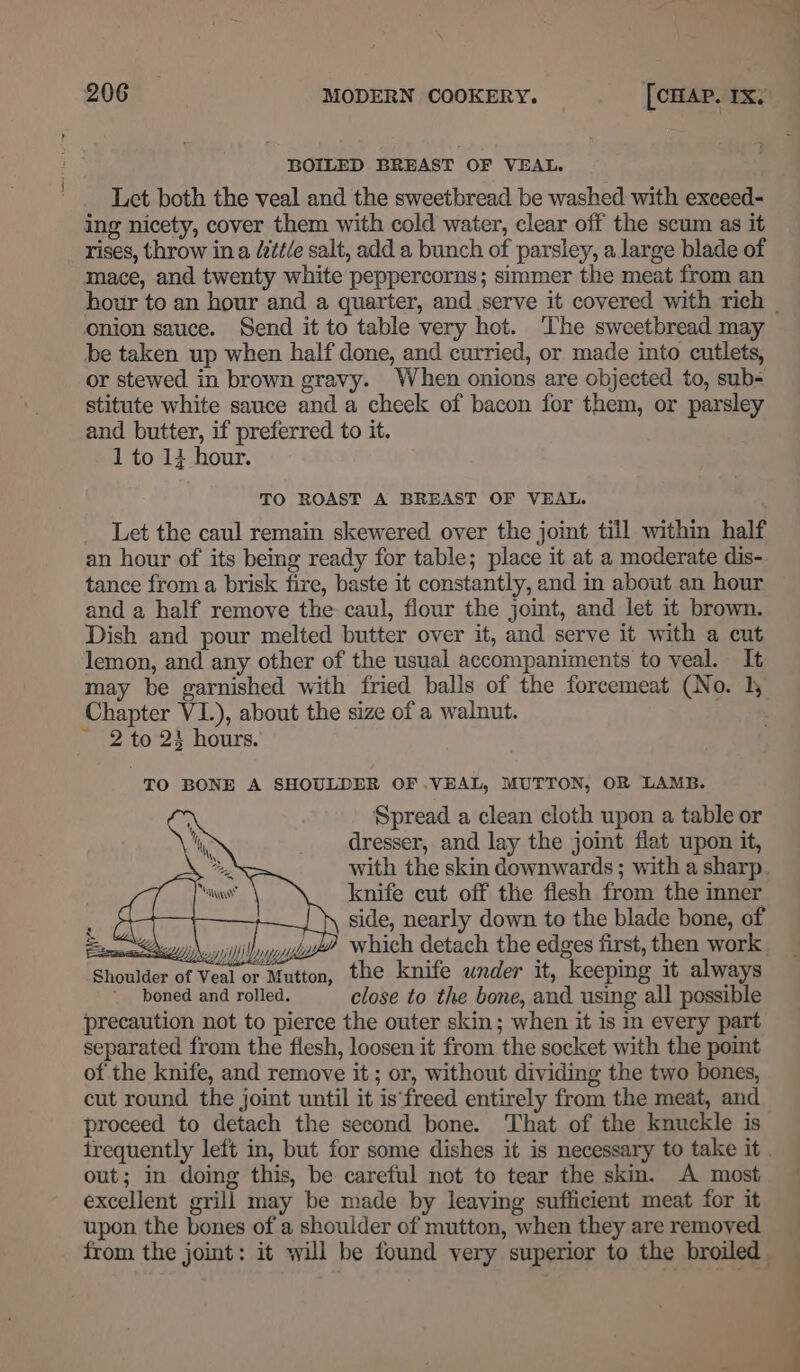 BOILED BREAST OF VEAL. Let both the veal and the sweetbread be washed with exceed- ing nicety, cover them with cold water, clear off the scum as it rises, throw in a /ztéle salt, add a bunch of parsley, a large blade of mace, and twenty white peppercorns; simmer the meat from an onion sauce. Send it to table very hot. The sweetbread may be taken up when half done, and curried, or made into cutlets, or stewed in brown gravy. When onions are objected to, sub- stitute white sauce and a cheek of bacon for them, or parsley and butter, if preferred to it. 1 to 14 hour. TO ROAST A BREAST OF VEAL. Let the caul remain skewered over the joint till within half an hour of its being ready for table; place it at a moderate dis- tance from a brisk fire, baste it constantly, and in about an hour and a half remove the caul, flour the joint, and let it brown. Dish and pour melted butter over it, and serve it with a cut lemon, and any other of the usual accompaniments to veal. It may be garnished with fried balls of the forcemeat (No. }, Chapter VI.), about the size of a walnut. ~ 2 to 23 hours. TO BONE A SHOULDER OF .VEAL, MUTTON, OR LAMB. Spread a clean cloth upon a table or dresser, and lay the joint flat upon it, with the skin downwards ; with a sharp knife cut off the flesh from the inner side, nearly down to the blade bone, of see LY.) which detach the edges first, then work Shoulder of Veal or Mutton, the knife under it, keeping it always boned and rolled. close to the bone, and using all possible precaution not to pierce the outer skin; when it is in every part separated from the flesh, loosen it from the socket with the point of the knife, and remove it ; or, without dividing the two bones, cut round the joint until it is‘freed entirely from the meat, and proceed to detach the second bone. That of the knuckle is out; in doing this, be careful not to tear the skin. A most excellent grill may be made by leaving sufficient meat for it upon the bones of a shoulder of mutton, when they are removed P . &lt;&lt; . ie