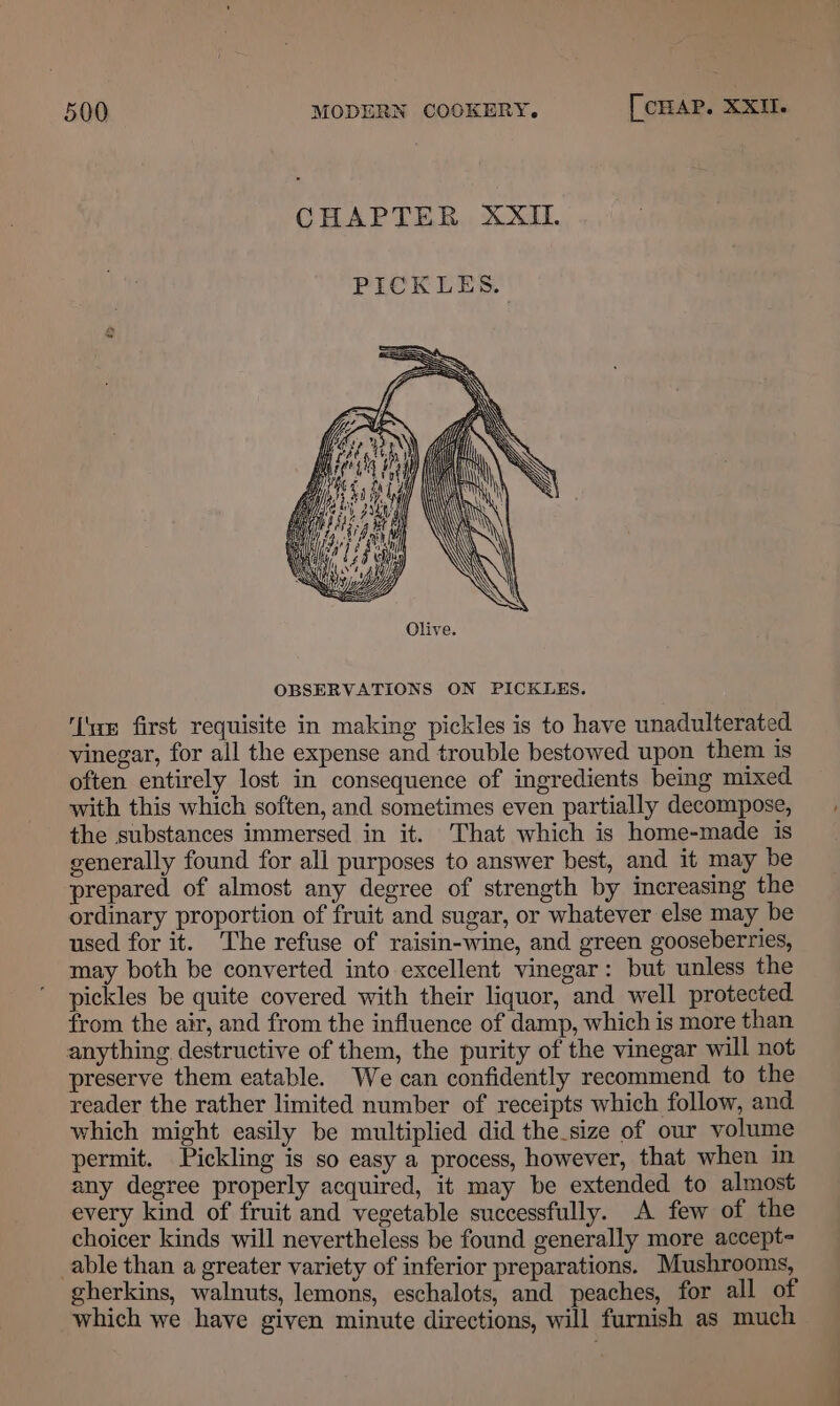 CHAPTER XXII =. Sor. SS Za== OBSERVATIONS ON PICKLES. ‘(tan first requisite in making pickles is to have unadulterated vinegar, for all the expense and trouble bestowed upon them is often entirely lost in consequence of ingredients being mixed with this which soften, and sometimes even partially decompose, the substances immersed in it. That which is home-made is generally found for all purposes to answer best, and it may be prepared of almost any degree of strength by increasing the ordinary proportion of fruit and sugar, or whatever else may be used for it. The refuse of raisin-wine, and green gooseberries, may both be converted into excellent vinegar: but unless the pickles be quite covered with their liquor, and well protected from the air, and from the influence of damp, which is more than anything destructive of them, the purity of the vinegar will not preserve them eatable. We can confidently recommend to the reader the rather limited number of receipts which follow, and which might easily be multiplied did the.size of our volume permit. Pickling is so easy a process, however, that when in any degree properly acquired, it may be extended to almost every kind of fruit and vegetable successfully. A few of the choicer kinds will nevertheless be found generally more accept- able than a greater variety of inferior preparations. Mushrooms, gherkins, walnuts, lemons, eschalots, and peaches, for all of which we have given minute directions, will furnish as much