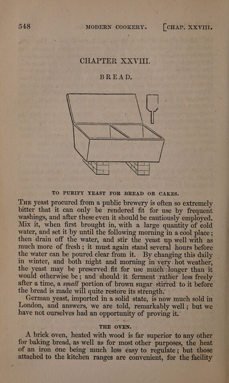 CHAPTER XXVIII. TO PURIFY YEAST FOR BREAD OR CAKES. ‘I'nz yeast procured from a public brewery is often so extremely bitter that it can only be rendered fit for use by frequent washings, and after these even it should be cautiously employed. Mix it, when first brought in, with a large quantity of cold water, and set it by until the following morning in a cool place; then drain off the water, and stir the yeast up well with as much more of fresh ; it must.again stand several hours before the water can be poured clear from it. By changing this daily . in winter, and both night and morning in very: hot weather, the yeast may be preserved fit for use much longer than ‘it would otherwise be ; and should it ferment’ rather less freely after a time, a small portion of brown sugar stirred to it before the bread is made will quite restore its strength. : German yeast, imported in a solid state, is now much sold in ~ London, and answers, we are told, remarkably well ; but we have not ourselves had an opportunity of proving it. THE OVEN. A brick oven, heated with wood is far superior to any other for baking bread, as well as for most other purposes, the heat of an iron one being much less easy to regulate; but those attached to the kitchen ranges are convenient, for the facility