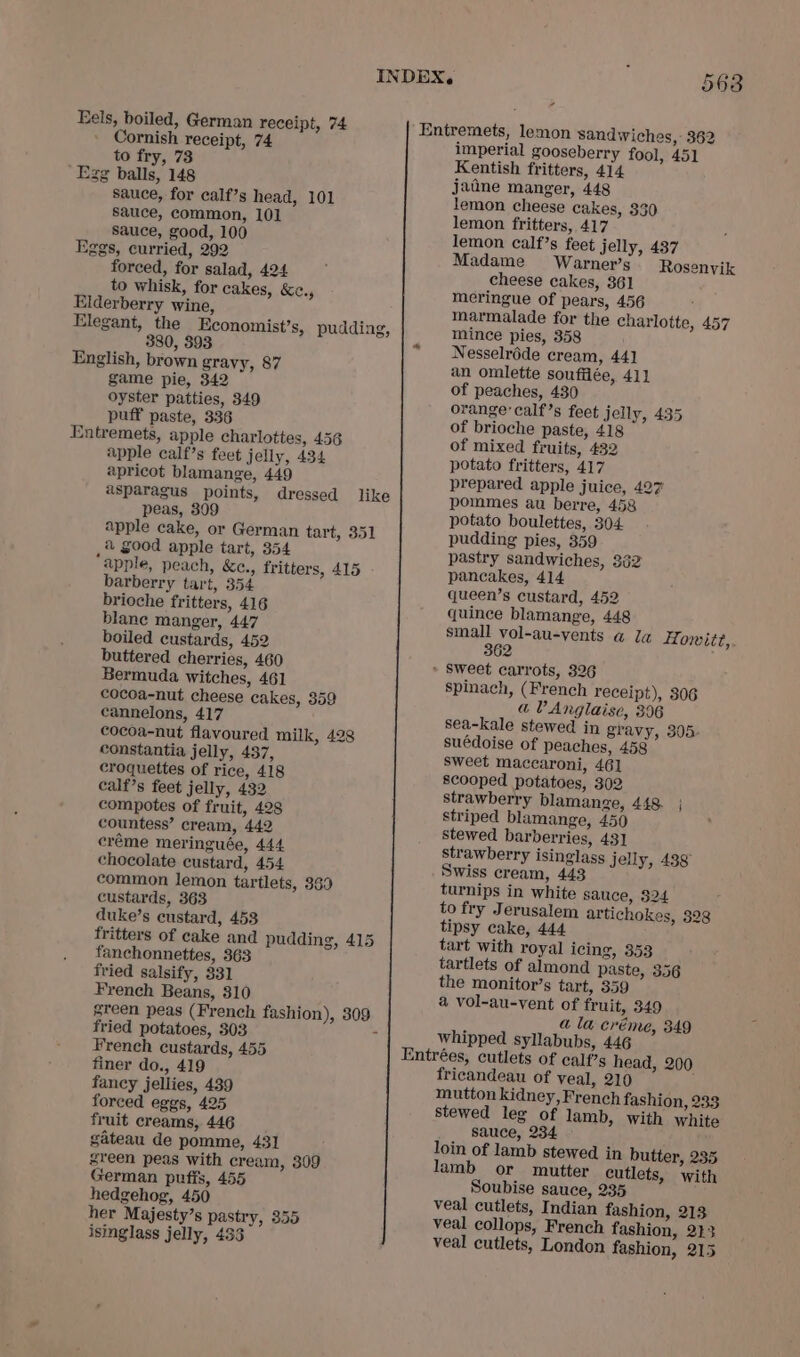 Eels, boiled, German receipt, 74 Cornish receipt, 74 to fry, 73 Egg balls, 148 sauce, for calf’s head, 101 sauce, common, 101 sauce, good, 100 Eggs, curried, 292 forced, for salad, 424 to whisk, for cakes, Ke, Elderberry wine, Elegant, the Economist’s, pudding, 380, 393 English, brown gravy, 87 game pie, 342 oyster patties, 349 puff paste, 336 Entremets, apple charlottes, 456 apple calf’s feet jelly, 434 apricot blamange, 449 asparagus points, dressed peas, 309 apple cake, or German tart, 351 a good apple tart, 354 “apple, peach, &amp;c., fritters, 415 barberry tart, 354 brioche fritters, 416 blane manger, 447 boiled custards, 452 buttered cherries, 460 Bermuda witches, 461 cocoa-nut cheese cakes, 359 cannelons, 417 cocoa-nut flavoured milk, 428 constantia jelly, 437, croquettes of rice, 418 calf’s feet jelly, 432 compotes of fruit, 428 countess’ cream, 442 créme meringuée, 444 chocolate custard, 454 common lemon tartlets, 339 custards, 363 duke’s custard, 453 fritters of cake and pudding, 415 fanchonnettes, 363 fried salsify, 331 French Beans, 310 green peas (French fashion), 309 fried potatoes, 303 ‘ French custards, 455 finer do., 419 fancy jellies, 439 forced eggs, 425 fruit creams, 446 gateau de pomme, 431 sreen peas with cream, 309 German pufis, 455 hedgehog, 450 her Majesty’s pastry, 355 isinglass jelly, 433 like 563 Entremets, lemon sandwiches, 362 imperial gooseberry fool, 451 Kentish fritters, 414 jatine manger, 448 lemon cheese cakes, 330 lemon fritters, 417 lemon calf’s feet jelly, 437 Madame Warner’s Rosenvik cheese cakes, 361 meringue of pears, 456 marmalade for the charlotte, 457 mince pies, 358 Nesselrdde cream, 441 an omlette souffiée, 411 of peaches, 430 orange’ calf’s feet jelly, 435 of brioche paste, 418 of mixed fruits, 432 potato fritters, 417 prepared apple juice, 427 pommes au berre, 458 potato boulettes, 304 pudding pies, 359 pastry sandwiches, 362 pancakes, 414 queen’s custard, 452 quince blamange, 448 small vol-au-vents @ la Towitt,. 362 » Sweet carrots, 326 spinach, (French receipt), 306 a VAnglaise, 396 sea-kale stewed in gravy, 308. suédoise of peaches, 458 Sweet maccaroni, 461 scooped potatoes, 302 strawberry blamange, 448. | striped blamange, 450 stewed barberries, 43] strawberry isinglass jelly, 438° Swiss cream, 443 turnips in white sauce, $24 to fry Jerusalem artichokes, 828 tipsy cake, 444 tart with royal icing, 353 tartlets of almond paste, 356 the monitor’s tart, 859 a vol-au-vent of fruit, 349 a la créme, 349 whipped syllabubs, 446 Entrées, cutlets of calf?s head, 200 fricandeau of veal, 210 mutton kidney, French fashion, 233 stewed lee of lamb, with white _ sauce, 234 loin of lamb stewed in butter, 235 lamb or mutter cutlets, with Soubise sauce, 235 veal cutlets, Indian fashion, 213 veal collops, French fashion, 213