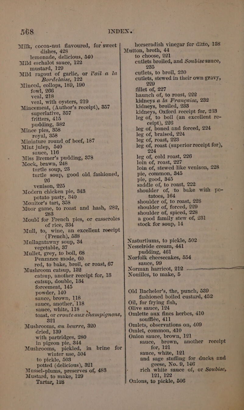 Milk, cocoa-nut flavoured, for sweet dishes, 428 lemonade, delicious, 540 Mild eschalot sauce, 122 yaustard, 129 Mild ragout of garlic, or V’ail a la Bordelaise, 122 Minced, collops, 189, 190 fowl, 266 veal, 218 veal, with oysters, 219 Mincemeat, (Author’s receipt), 357 superlative, 357 fritters, 415 pudding, 382 Mince pies, 358 royal, 358 Miniature round of beef, 187 Mint julep, 540 sauce, 116 Miss Bremer’s pudding, 378 Mock, brawn, 248 turtle soup, 23 turtle soup, good old fashioned, 26 venison, 225 Moéern chicken pie, 343 potato pasty, 340 Monitor’s tart, 358 Moor game, to roast and hash, 282, 283, Mould for French pies, or casseroles of rice, 334 ‘ Mull, to, wine, an excellent reeeipt ' (French), 538 Mullagatawny soup, 34 vegetable, 37 Mullet, grey, to boil, 68 Penzance mode, 60 red, to bake, broil, or roast, 67 Mushroom catsup, 182 catsup, another receipt for, 18 catsup, double, 134 forcemeat, 145 powder, 140 sauce, brown, 118 sauce, another, 118 sauce, white, 118 toast, or croute aux champignons, 821 Mushrooms, au beurre, 320 dried, 139 with partridges, 280 in pigeon pie, 344 Mushrooms, pickled, winter use, 504 to pickle, 503 potted (delicious), 321 Mussel-plums, preserves of, 483 Mustard, to make, 129 Tartar, 128 in brine for horseradish vinegar for ditto, 158 Mutton, broth, 44 to choose, 221 cutlets broiled, and Sowbdise sauce, 235 ; cutlets, to broil, 230 cutlets, stewed in their own gravy, 229 fillet of, 227 haunch of, to roast, 222 kidneys a la Frangaise, 232 kidneys, broiled, 233 kidneys, Oxford receipt for, 233 leg of, to boil (an excellent re- ceipt), 226 leg of, boned and forced, 224 leg of, braised, 224 leg of, roast, 223 leg of, roast (superior receipt for), 224 leg of, cold roast, 226 loin of, roast, 227 loin of, stewed like venison, 228 pie, common, 345 pie, good, 345 saddle of, to roast, 222 shoulder of, to bake with po- tatoes, 164 shoulder of, to roast, 228 shoulder of, forced, 229 shoulder of, spiced, 228 a good family stew of, 231 stock for soup, 14 Nasturtiums, to pickle, 502 Nesselréde cream, 441 pudding, 461 Norfolk cheesecakes, 554 sauce, 99 Norman harricot, 212 —————-&lt;cer Nouilles, to make, 5 Old Bachelor’s, the, punch, 539 fashioned boiled custard, 452 Oil, for frying fish, Olive sauce, 124 Omlette aux fines herbes, 410 souffiée, 411 Omlets, observations oa, 409 Omlet, common, 410 Onion sauce, brown, 121 sauce, brown, another receipt for, 121 sauce, white, 121 and sage stuffing for ducks and geese, No. 9, 146 : rich white sauce of, or Sowbise, 121, 122 Onions, to pickle, 506