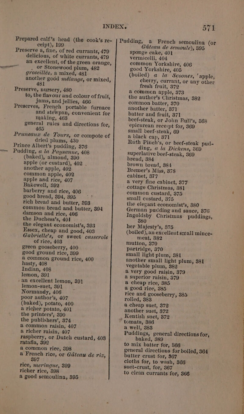 ceipt), 199 — cyan delicious, of white currants, 479 an excellent, of the green orange, . or Stonewood plum, 482 groseillée, a mixed, 481 another godd mélange, or mixed, 481 to, the flavour and colour of fruit, jams, and jellies, 466 and stewpan, convenient for making, 463 general rules and directions for, 465 dried plums, 430 (baked), almond, 390 apple (or custard), 402 . another apple, 402 common apple, 402 apple and rice, 407 Bakewell, 392 barberry and rice, 406 good bread, 394, 395 rich bread and butter, 393 common bread and butter, 394 damson and rice, 406 the Duchess’s, 401 the elegant economist’s, 393 Essex, cheap and good, 403 Gabrielle’s, or sweet casserole of rice, 403 green gooseberry, 400 good ground rice, 399 a common ground rice, 400 hasty, 408 Indian, 408 lemon, 391 an excellent lemon, 391 lemon-suet, 391 Normandy, 406 poor author’s, 407 (baked), potato, 400 a richer potato, 401 the printers’, 390 the publishers’, 374 &amp; common raisin, 407 a richer raisin, 407 raspberry, or Dutch custard, 403 ratafia, 392 a common rice, 398 a French rice, or Gdteau de riz, 397 rice, meringue, 399 richer rice, 398 a good semoulina, 395 571 Gadteau de semoule), 395 sponge cake, 401 vermicelli, 404 common Yorkshire, 406 good Yorkshire, 405 (boiled) a la Scoones, “apple, cherry, currant, or any other fresh fruit, 372 a common apple, 373 the author’s Christmas, 382 common batter, 370 another batter, 371 batter and fruit, 371 beef-steak, or John Rull’s, 368 epicurean receipt for, 369 small beef-steak, 69 a black cap, 371 Ruth Pinch’s, or beef-steak pud- ding, a la Dickens, 369 superlative beef-steak, 369 bread, 384 brown bread, 384 Bremer’s Miss, 378 cabinet, 377 a very fine cabinet, 377 cottage Christmas, 381 common custard, 375 small custard, 375 the elegant economist’s, 380 German pudding and sauce, 376 Ingoldsby Christmas puddings, 380 her Majesty’s, 375 (boiled ), an excellent small mince- meat, 382 mutton, 370 partridge, 370 small light plum, 381 another small light plum, $81 vegetable plum, 382 &amp; very good raisin, 379 a snperior raisin, $79 a cheap rice, 385 @ good rice, 385 rice and gooseberry, 385 rolled, 383 a cheap suet, 372 another suet, 372 a well, 383 Puddings, general directions for, baked, 389 to mix batter for, 366 - general directions for boiled, 364 butter crust for, 867 cloths for, to wash, 366 suet-crust, for, 367 to clean currants for, 366 Se a ae LOD RE ee ee ee