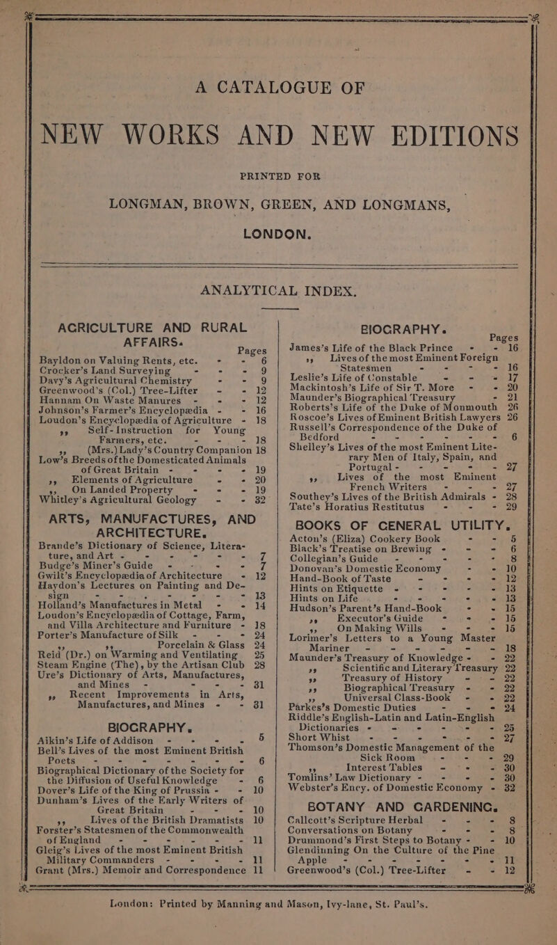 am AND LONGMANS, ACRICULTURE AND RURAL AFFAIRS. Rages Bayldon on Valuing Rents, etc. - - Crocker’s Land Surveying - . - 9 Davy’s Agricultural Chemistry - = Greenwood’s (Col.) Tree-Lifter - - 12 Hannam On Waste Manures - - - 12 Johnson’s Farmer’s Encyclopedia - - 16 Loudon’s Encyclopedia of Agriculture - 18 ” Self-Instruction for Young Farmers, ete. - - - 18 7 (Mrs.) Lady’s Country Companion 18 Low’s Breeds ofthe Domesticated Animals of Great Britain - - - - 19 xy Elements of Agriculture - - 20 », _ On Landed Property - - - 19 Whitley’s Agricultural Geology - - 32 ARTS; MANUFACTURES, AND ARCHITECTURE. Brande’s Dictionary of Science, Litera- ture, and Art - - - - mg Budge’s Miner’s Guide - - : se he Gwilt’s Encyclopedia of Architecture - 12 ay oe: s Lectures on Fainting ane De- si - - - 13 Hol aero Meaunfacturen i in Metal - - 14 Loudon’s Encyclopedia of Cottage, Farm, and Villa Architecture and Furniture - 18 Porter’s Manufacture of Silk - - - 24 Porcelain &amp; Glass 24 Reid’ (Dr.) on ) Warming and Ventilating 25 Steam Engine (The), by the Artisan Club 28 Ure’s Dictionary of ‘arta, EELOMEAGRXED and Mines - - 31 » Recent Improvements in ae Manufactures,and Mines - - 81 BIOGRAPHY. Aikin’s Life of Addison - - - Bell’s Lives of tlie —_ Eminent British Poets - 6 Biographical Dictionary of the Society for the Diffusion of Useful Knowledge - 6 Dover’s Life of the King of Prussia - - 10 Dunham’s Lives of the Early Writers of Great Britain - 10 Lives of the British eamustiats 10 Forster’ s Statesmen of the Commonwealth of England - - ll Gleig’s Lives of the most Eminent British Military Commanders - - 11 Grant (Mrs.) Memoir and Correspondence ll London: BIOGRAPHY. James’s Life of the Black Prince _- - 16 sy Livesofthemost besiege Foreign Statesmen - Leslie’s Life of ( euemsblee &lt;2 3 3) Sah dy Mackintosh’s Life of SirT. More - - 20 Maunder’s Biographical Treasury 21 Roberts’s Life of the Duke of Monmouth 26 Roscoe’s Lives of Eminent British Lawyers 26 Russell’s Correspondence of the Duke of Bedford - - - - = 2G Shelley’s Lives of the mone Eminent Lite- rary Men of Italy, pees and Portugal - - 27 Y) Lives of the most. Eminent French Writers - 27 Southey’ s Lives of the British Admirals - 28 Tate’s Horatius Restitutus - - - 29 BOOKS OF CENERAL UTILITY. Acton’s (Eliza) Cookery Book - - 6 Black’s Treatise on Brewing - - - 6 Collegian’s Guide - - : aS Donovyan’s Domestic Economy - - 10 Hand-Book of Taste - - - 12 Hints on Etiquette - - - - 1 Hints on Life - - - - 13 Hudson’s Parent’s Hand-Book - - 1 re Executor’s Guide = : - 15 A On Making Wills - : - 15 Lorimer’s Letters to a Fodng Master Mariner - - - 18 Maunder’s Treasury ‘of Knowledge - - 22 7% Scientific and Literary Treasury 22 ” Treasury of History - - 22 ” Biographical Treasury - - 22 Universal Class- Book - - 22 Parkes? 8s Domestic Duties 24 Riddle’s English-Latin eed Latin-English Dictionaries - = 25 Short Whist - - = - Cie 47 Thomson’s Domestic Management of the Sick Room - - - .29 Interest Tables - - - 30 Tomlins? Law Dictionary - - 30 BOTANY AND CREE es Conversations on Botany - - a8 Drummond’s First Steps to Botany - - 10 plendieasy On the Culture a ee Pine Apple - il Greanwood'a (Col. ) Tree-Lifter - - 12 we