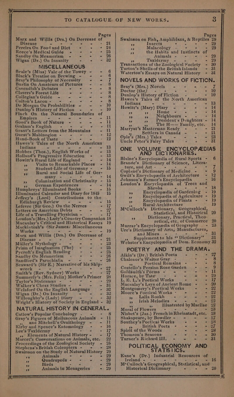 Marx and Willis en se oy i hake” bd Disease 21 Pereira On Food and Diet. - - 24 Reece’s Medical Guide - - = 25 Sandby On Mesmerism - += - = 26 Wigan (Dr.) Ou Insanity ee rs 82 MISCELLANEOUS Beale’s (Miss) Vale of the Towey &lt;= - 6 Black’s Treatise on Brewing - - - 6 Bray’s Philosophy of Necessity o- a7 Burtin On Amateurs of Pictures - - 8 Cavendish’s Debates - - - - 8 Clavers’s Forest Life - sh tS Collegian’ S'Guides (=. 6 = 1 eh Sh si 8 Colton’s Lacon - - - - 8 De Morgan On Probabilities oh val AE TO Dunlop’s History of Fiction - - - 10 Finch Qn the Natural Boundaries of Empires = - = = all Good's Book of iNasuxe - - = - jl Graham’s English - - - - ll Grant’s Letters from the Mountains - It Guest’s Mabinogion - &lt; . Shaye - 12 Hand-Book of Taste - 12 Hawes’s Tales of the North American Indians - Hobbes (Thos. 7 English “Works ot - Holland’s Progressive Education - = Howitt’s Rural Life of England - « 14 ” Visits to Remarkable Places - $9 Student-Life of Germany - ° »» Rural and Social Life of Ger- many - - - - - 14 ” Colonization and Christianity - 15 German Experiences . - l4 Humphreys’ Illuminated Books - 15 Illuminated Calendar and Diary for 1845 15 Jeffrey’s (Lord) Contributions to the Edinburgh Review - - - 15 Lefevre (Sir Geo.) On the Nerves - 17 Letters on American Debts - - - 27 Life of a Travelling Physician - - 17 Loudon’s(Mrs.) Lady’s Country Companion 18 Macaulay’s Critical and Historical Essays 19 Mackintosh’s ‘Sir James) Miscellaneous Works 19 Marx and Willis (Drs.) On Decrease of Disease - - 21 Miiller’s Mythology - - = APs} Prism of Imagination (The) - = - 25 Pycroft’s English Reading ats a9, Sandby On Mesmerism : - - 26 Sandford’s Parochialia - - - 2% Seaward’s (Sir E.) Narrative of his ‘gg wreck - 27 Smith’s (Rev. Syanes) Works: : weg Summerly’ s (Mrs. Felix) Mother’ sPrimer 28 Taylor’s Statesman - - - = 29 Walker’s Chess Studies - = - 31 Welsford On the English Language - 32 Wigan (Dr.) On Insanity - - - 32 Willoughby’ s (Lady) Diary - - 32 Wright’s History of Society in England - 32 NATURAL HISTORY IN CENERAL. Catlow’s Popular Conchelogy - ehocignt S Gray’s Figures of Molluscous Animals - 11 &gt; and Mitchell’ sOrnithology - - Jl Kirby and Spence’s Entomology - - 16 Lee’s Taxidermy - - - 17 +&gt; Elements of Natural Histo - 17 Marcet’s Conversations on Anima als, ete. 22 Proceedings of the Zoological Society - 25 Stephens’s British Coleoptera - - 28 Swainson on the Study of se get History 29 +3 Animals . - 3° 29 ” Quadrupeds - - - + 29 ‘9 Birds - 29 Swainson on Fish, actrees &amp; nena 29 oF Insects 29 a: Malacology - 29 as the Habits and Instincts of Animals - - - 29 9 Taxidermy - - 29 Transactions of the Zoological Society - 30 Turton’s Shells of the British Islands - 31 Waterton’s Essays on Natural History - 31 NOVELS AND WORKS OF FICTION. Bray’s (Mrs.) Novels - - -«- - 7 Doctor (the) - : = suey sel Dunlop’s History of Fiction - aia! Hawes’s Tales of the North American Indians - - Howitt’s (Mary) Diary bz rats Vt ae een ” ” Home - : - ~ 14 9 a Neighbours - - i4 9 ” President's Daughters - 14 The H—— Family,ete. 14 Marryat’s Masterman Ready - - - 21 2 Settlersin Canada - - - 21 Opie’s (Mrs.) Tales - - - - 23 Uncle Peter’s Fairy Tales als \ taeree ONE VOLUME ENCYCLOPADIAS AND DIC1IONARIES. Blaine’s Encyclopedia of Rural Sports - 6 Brande’s Dictionary of Science, nee ture, and Art - - ora y/ Copland’s Dictionary of Medicine - StS Gwilt’s Encyclopedia of Architecture - 12 Johnson’s Farmer’s Encyclopedia = 16 Loudon’s Encyclopedia of Trees and Shrubs - - 18 ” Encyclopedia of Gardening - 19 &gt;” Encyclopedia of Agriculture - 19 ” Encyclopedia of Plants - - 19 Rural Architecture 19 M‘Culloch’s Dictionary, Geographical, Statistical, and Historical 20 9 Dictionary, Practical, Theo- retical, etc. of Commerce 20 Murray’s Encyclopedia of Geography - 23 Ure’s Dictionary of Arts, Mantiactures; and Mines” - : - 31 Supplement to his * Dictionary” 31 Webster’ 8 incveloeadia of Dom. Economy 32 POETRY AND THE DRAMA. Aikin’s (Dr. ) British Poets a=. 207 eel. ia Chalenor’s Walter Gray - - - 8 Poetical Remains - - - 8 Costello’s Persian Rose Garden - - 9 Goldswmith’s Poems - - - - - il Horace, , by Tate: - - - 29 L. E. L.’s Poetical Works - - - = JI7 Macuaulay’s Lays of Ancient Rome - - 20 Montgomery’ s Poetical Werks - - 22 Moore’s Poetical Works. - - - - 22 x9 Lalla Rookh - - - - 22 39 Irish Melodies - - - 22 “f Illustrated by Maclise 22 Moral of Flowers - - 23 Nisbet’s (Jas.) French in Rheinatad, etc, 23 Shakspeare, by Bowdler- - = = 2 Southey’s Poetical Works : - - 23 oA British Poets - =) aw A ae Fi Spirit of the Woods - = = 29 Thomson’s Seasons: - - - - 30 Turner’s Richard III. - e 5 2st POLITICAL ECONOMY AND ATISTICS. Kane's Pati } ie Resources of Ireland - 16 M‘Culloch’s Geographical, Stutistical, and