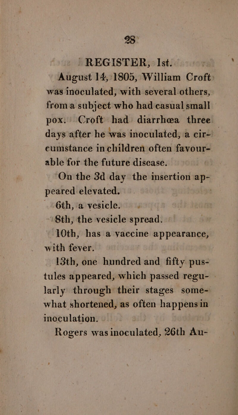 93° REGISTER, Ist. August 14,1805, William Croft: was inoculated, with several others, from a subject who had casual small pox. Croft had diarrhea three days after he was inoculated, a cir- eumstance in children often favour- able for the future disease. ! On the 3d day the insertion ap- peared elevated. 6th, a vesicle. 8th, the vesicle spread. 10th, has a vaccine appearance, with fever. 13th, one hundred and fifty pus- tules appeared, which passed regu- . larly through their stages some- what shortened, as often happens in moculation. Rogers was inoculated. 26th Au-