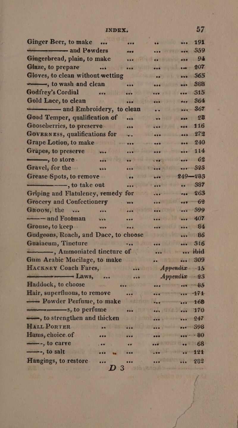 Ginger Beer, tomake ... eee ; and Pewders eos Gingerbread, plain, to make $i Glaze, to prepare oot ses Gloves, to clean without wetting ——————, to wash and clean aie Godfrey’s Cordial dee wee Gold Lace, to clean eke —— and Embroidery, to clean Good Temper, qualification of .... Gooseberries, to preserve vee GovERNEss, qualifications for .. Grape Lotion, to make ove Grapes, to preserve wee ose » to store ase ee. Gravel, for the eee bes Grease Spots, to-remove oe ——., to take out eee Griping and Flatulency, remedy for Grocery and Confectionery wie Groom, the ... ove ae -——-- and Footman vie eae Grouse, to keep wwe oon Gudgeons, Roach, and Dace, to choose Guaiacum, Tincture tee , Ammoniated tincture of Gum ahve Mucilage, to make Hackney Coach Fares, ate Laws, os. ot Haddock, to choose és Hair, superfluous, to remove sen —— Powder Perfume, to make s, to perfume sae =, to strengthen and thicken HA. Porter 2 bbe Hams, choice.of coe sea ———-, to carve Lee ee ——-, to salt wari) aaa Hangings, to restore... ide D 3 ee ace 191 soe eve. B59 ee oe «=O ese ew 207 *s ove 365 vee ew 388 soe eve §315 eon eos 364 vs ose 367 oe eo §«=6.28 wee eve 116 ove eos 272 eos ove 240 ose eve 114 * oe =: 62 eve ooo 323 one 249——283 es « «©3887 ee coe 263 eee ooo 62 eee ows S99 oes ave 407 ove owe «= B4 oe = - 86 ove ewe §=316 wee oe Hid ee se 309 Appendix. -15 Appendix - 23 ose oot > BS eee eve “474 coe eos 268 oon ee 170 eee woe 247 ese vee S98 ove ooo - 80 eee ee §=— «68 ee oe 124 eee ose =< 282 [