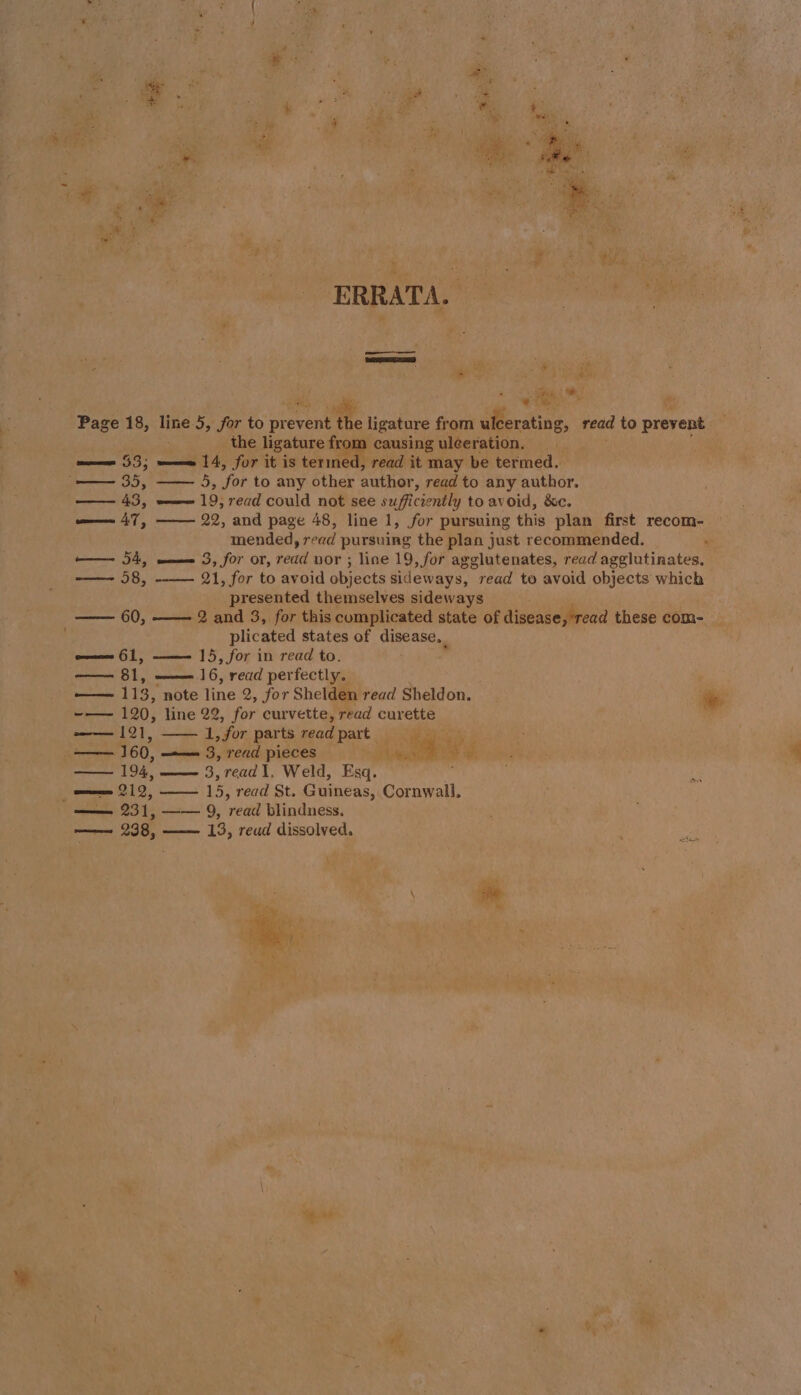 = % ERRATA. ——— ‘RED : ime ‘ Oe a Ta Re . , ee he i og ora Page 18, line 5, for to prevent i ligature from ulcerating, read to prevent — the ligature foe causing ul¢eration. ie wee 53, eee 14, for it is termed, read it may be termed. —— 35, —— 5, for to any other author, read to any author. — 43, —— 19, read could not see sufficiently to avoid, sc. we 47, —— 22, and page 48, line 1, for pursuing this plan first recom- mended, read pursuing the plan just recommended. . ——- 54, mae 3, for or, read nor ; line 19, for agglutenates, read agglutinates, — 58, —— 21, for to avoid objects sideways, read to avoid objects which presented themselves sideways —— 60, —— 2 and 3, for this complicated state of disease, ‘read these com- plicated states of disease. owe 61, —— 15, for in read to. r — 81, —— 16, read perfectly. —— 113, note line 2, for Shelden read Sheldon. 2 ~-—— 120, line 22, for curvette, read curette ig —— 121, 1,for parts readpart —— 160, ——= 3, read pieces ee ly See — 194, ——— 3, read 1, Weld, Esq. ¥i ' z ee 212, —— 15, read St. Guineas, Cornwall. ; — 231, —— 9, read blindness. —— 238, —— 15, reud dissolved.