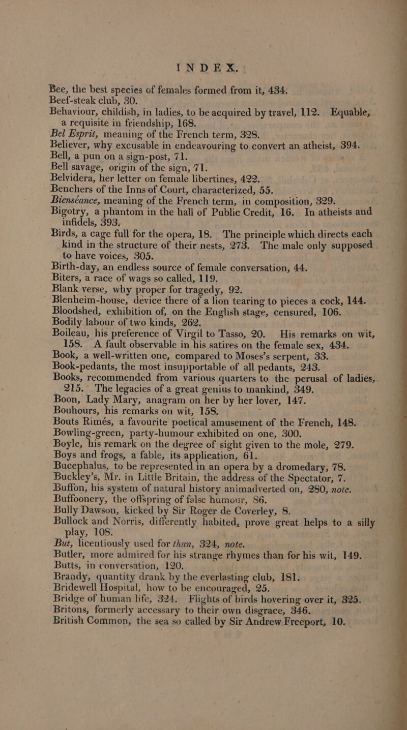 Bee, the besi species of females formed from it, 434. Beef-steak club, 30. Behaviour, childish, in ladies, to be acquired by travel, 112. Equable, a requisite in friendship, 168. ) Bel Esprit, meaning of the French term, 328. Believer, why excusable in endeavouring to convert an atheist, 394. Bell, a pun on a sign-post, 71. Bell savage, origin of the sign, 71. Belvidera, her letter on female libertines, 422, Benchers of the Inns of Court, characterized, 55. Bienséance, meaning of the French term, in composition, 329. Bigotry, a phantom in the hall of Public Credit, 16. In atheists and infidels, 393. : Birds, a cage full for the opera, 18. The principle which directs each to have voices, 305. Birth-day, an endless source of female conversation, 44. Biters, a race of wags so called, 119. Blank verse, why proper for tragedy, 92. Blenheim-house, device there of a lion tearing to pieces a cock, 144. Bloodshed, exhibition of, on the English stage, censured, 106. Bodily labour of two kinds, 262. Boileau, his preference of Virgil to Tasso, 20. His remarks on wit, 158. &lt;A fault observable in his satires on the female sex, 434. Book, a well-written one, compared to Moses’s serpent, 33. Book-pedants, the most insupportable of all pedants, 243. _ 215. The legacies of a great genius to mankind, 349. Boon, Lady Mary, anagram on her by her lover, 147. Bouhours, his remarks on wit, 158. Bouts Rimés, a favourite poetical amusement of the French, 148. Bowling-green, party-humour exhibited on one, 300. _ Boyle, his remark on the degree of sight given to the mole, 279. Boys and frogs, a fable, its application, 61. rat Bucephalus, to be represented in an opera by a dromedary, 78. Buckley’s, Mr. in Little Britain, the address of the Spectator, 7. Buffon, his system of natural history animadverted on, 280, noce. Buffoonery, the offspring of false humour, 86. Bully Dawson, kicked by Sir Roger de Coverley, 8. Bullock and Norris, differently habited, prove great helps to a silly play, 108. , But, licentiously used for than, 324, note. Butler, more admired for his strange rhymes than for his wit, 149. Butts, in conversation, 120, Brandy, quantity drank by the everlasting club, 181. | _ Bridewell Hospital, how to be encouraged, 25. Bridge of human life, 324. Flights of birds hovering over it, 325. Britons, formerly accessary to their own disgrace, 346. British Common, the sea so called by Sir Andrew Freeport, 10.