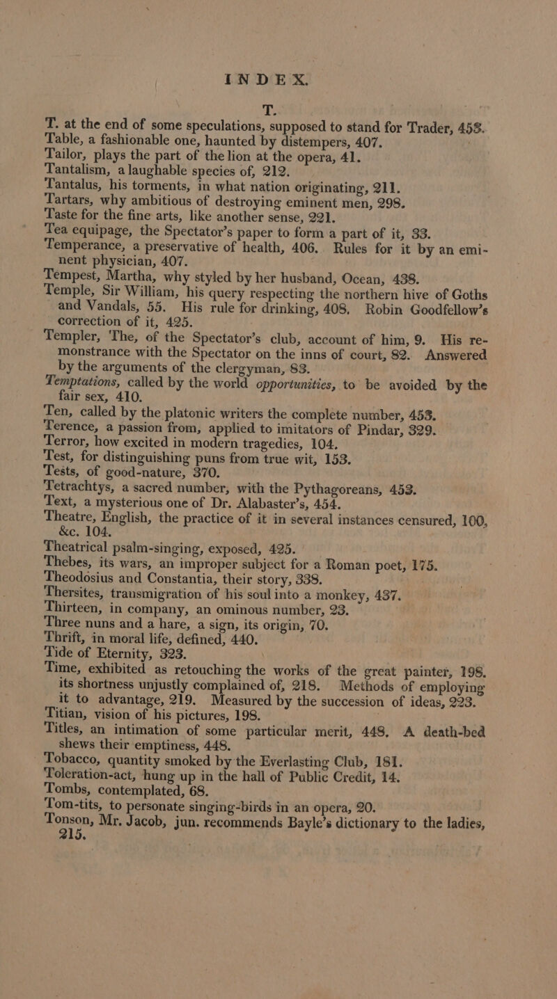 ae T. at the end of some speculations, supposed to stand for Trader, 453. Table, a fashionable one, haunted by distempers, 407. . Tailor, plays the part of the lion at the opera, 41. Tantalism, a laughable species of, 212. Tantalus, his torments, in what nation originating, 211. Tartars, why ambitious of destroying eminent men, 298. Taste for the fine arts, like another sense, 221. Tea equipage, the Spectator’s paper to form a part of it, 33. ‘Temperance, a preservative of health, 406. Rules for it by an emi- nent physician, 407. Tempest, Martha, why styled by her husband, Ocean, 438. Temple, Sir William, his query respecting the northern hive of Goths and Vandals, 55. His rule for drinking, 408, Robin Goodfellow’s correction of it, 425. Templer, The, of the Spectator’s club, account of him, 9. His re- monstrance with the Spectator on the inns of court, 82. Answered by the arguments of the clergyman, 83. Temptations, called by the world opportunities, to be avoided by the fair sex, 410. Ten, called by the platonic writers the complete number, 453. Terence, a passion from, applied to imitators of Pindar, 329. Terror, how excited in modern tragedies, 104. Test, for distinguishing puns from true wit, 153. Tests, of good-nature, 370. Tetrachtys, a sacred number, with the Pythagoreans, 453. Text, a mysterious one of Dr. Alabaster’s, 4.54. Theatre, English, the practice of it in several instances censured, 100, &amp;e. 104. | Theatrical psalm-singing, exposed, 425.) Thebes, its wars, an improper subject for a Roman poet, 175. Theodosius and Constantia, their story, 338. ta Thersites, transmigration of his soul into a monkey, 437. Thirteen, in company, an ominous number, 23. Three nuns and a hare, a sign, its origin, 70. Thrift, in moral life, defined, 440. Tide of Eternity, 323. | Time, exhibited as retouching the works of the great painter, 198. its shortness unjustly complained of, 218. Methods of employing it to advantage, 219. Measured by the succession of ideas, 223. Titian, vision of his pictures, 198. Titles, an intimation of some particular merit, 448, A death-bed shews their emptiness, 448. Tobacco, quantity smoked by the Everlasting Club, 181. Toleration-act, hung up in the hall of Public Credit, 14. Tombs, contemplated, 68. Tom-tits, to personate singing-birds in an opera, 20. ete Mr. Jacob, jun. recommends Bayle’s dictionary to the ladies, a