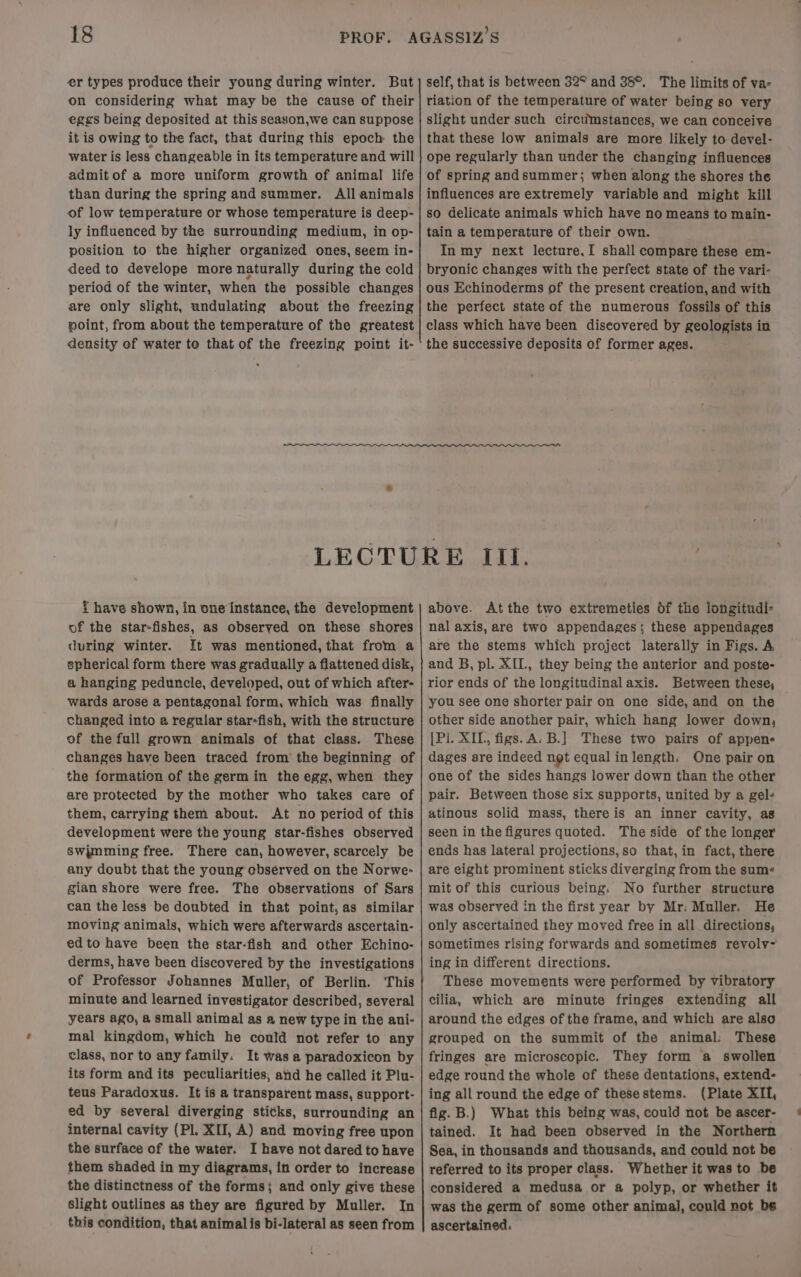 er types produce their young during winter. But on considering what may be the cause of their eggs being deposited at this season,we can suppose it is owing to the fact, that during this epoch the water is less changeable in its temperature and will admitof a more uniform growth of animal life than during the spring and summer. All animals of low temperature or whose temperature is deep- ly influenced by the surrounding medium, in op- position to the higher organized ones, seem in- deed to develope more naturally during the cold period of the winter, when the possible changes are only slight, undulating about the freezing point, from about the temperature of the greatest density of water te that of the freezing point it- self, that is between 32° and 38°. The limits of va- riation of the temperature of water being so very slight under such circumstances, we can conceive that these low animals are more likely to devel- ope regularly than under the changing influences of spring andsummer; when along the shores the influences are extremely variable and might kill so delicate animals which have no means to main- tain a temperature of their own. In my next lecture, I shall compare these em- bryonic changes with the perfect state of the vari- ous Echinoderms of the present creation, and with the perfect state of the numerous fossils of this class which have been discovered by geologists in the successive deposits of former ages. f have shown, in one instance, the development of the star-fishes, as obseryed on these shores during winter. It was mentioned, that from a spherical form there was gradually a flattened disk, a hanging peduncle, developed, out of which after- wards arose a pentagonal form, which was finally changed into a regular star-fish, with the structure of the full grown animals of that class. These changes have been traced from the beginning of the formation of the germ in the egg, when they are protected by the mother who takes care of them, carrying them about. At no period of this development were the young star-fishes observed Swimming free. There can, however, scarcely be any doubt that the young observed on the Norwe- gian shore were free. The observations of Sars can the less be doubted in that point, as similar moving animals, which were afterwards ascertain- ed to have been the star-fish and other Echino- derms, have been discovered by the investigations of Professor Johannes Muller, of Berlin. This minute and learned investigator described, several years ago, a small animal as a new type in the ani- mal kingdom, which he could not refer to any class, nor to any family. It was a paradoxicon by its form and its peculiarities, and he called it Plu- teus Paradoxus. It is a transparent mass, support- ed by several diverging stitks, surrounding an internal cavity (Pl. XII, A) and moving free upon the surface of the water. I have not dared to have them shaded in my diagrams, in order to increase the distinctness of the forms; and only give these slight outlines as they are figured by Muller. In this condition, that animal is bi-lateral as seen from above. Atthe two extremeties of the longitudi- nal axis, are two appendages; these appendages are the stems which project laterally in Figs. A and B, pl. XII., they being the anterior and poste- rior ends of the longitudinal axis. Between these, you see one shorter pair on one side, and on the other side another pair, which hang lower down, [Pl. XIL., figs. A. B.] These two pairs of appene dages are indeed not equal inlength. One pair on one of the sides hangs lower down than the other pair. Between those six supports, united by a gel- atinous solid mass, there is an inner cavity, as seen in the figures quoted. The side of the longer ends has lateral projections,so that, in fact, there are eight prominent sticks diverging from the sum« mit of this curious being. No further structure was observed in the first year by Mr: Muller. He only ascertained they moved free in all directions, sometimes rising forwards and sometimes revoly- ing in different directions. These movements were performed by vibratory cilia, which are minute fringes extending all around the edges of the frame, and which are also grouped on the summit of the animal: These fringes are microscopic. They form a swollen edge round the whole of these dentations, extend- ing all round the edge of thesestems. (Plate XII, fig. B.) What this being was, could not be ascer- tained. It had been observed in the Northern Sea, in thousands and thousands, and could not be referred to its proper class. Whether it was to be considered a medusa or a polyp, or whether it was the germ of some other animal, could not be ascertained.