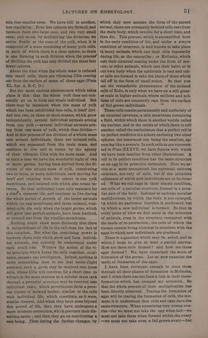 side four smaller ones. We have still in another, less regularity. . Four less spheres are formed, and between them two large ones, and two very small ones; and so on, by multiplying the divisions, we arrive finally at the state of the yolk, when it is composed of a mass consisting of many yolk cells, in each of which there is a clear sphere, as there is one forming in each division when the process” of dividing the yolk has only divided the mass into fewer spheres. About the time when the whole mass is reduced into small cells, there are vibrating Cilia coming out from the surface of some of these eggs (Plate XL, figs. A, B, C, D.) But the most curious phenomonon which takes place is this: that the whole yolk does not con- stantly go on to form one single individual. But there may be instances when the mass of yolk which has been subdivided into cells, is itself divi- ded into two, or three or more masses, which grow independently, several individual animals arising from one yolk;—several individual animals aris- ing from one mass of yolk, which thus divides.— And in this process of the division of a whole mass into several individuals, there are isolated cells, which are separated from the main mass, and continue to live and to rotate by the agency of their vibratile Cilia with the main mass. And in such a case we have the wonderful sight of two or more germs, having been derived from the di- vision of one unique mass of yolk, constituting two or three, or more individuals, each moving for itself and rotating with the others in one yolk membrane, and isolated cells which also rotate be- tween. So that individual loose celis maintain for a timda separate life, and continue to live during the whole period of growth of the larger animals within the egg membrane; and those isolated, scat- tered cells die only when the larger germs, which will grow into perfect animals, have been hatched, or pressed out from the 'vitelline membrane. Nothing could show more distinctly that there is independence of life in the cell than the fact of this isolation. But what the combining power is between those cells which grow and form individ- ual animals, can scarcely be understood under such condiions. Whence the action of the vi- tal principle which keeps the cells together, origi- nates, escapes our intelligence. Indeed, nothing is more astonishing than to see that under slight pressure, such a germ may be resolved into loose cells, whose Cilia will continue for a short time to. vibrate,in the same manner as a nebular mass seen through a powerful te!escope may be resolved into individual stars, which nevertheless form a pecu- liar cluster of isolated bodies; similar to the cells with individual life, which constitute, as it were, similar clusters. And when they have gone béyond this period of life, thea they have undergone a more intimate connection, which prevents their dis- solving again ; and then they go on constituting a new being. Then during the further changes, by which they now assume the form of the parent animal, there are constantly isolated cells cast from the main body, which revolve for a short time, and then die. This process, which is exemplified here In the early condition of life,and under a simple condition of structure, is well known to take place in many animals, which east their skin repeatedly during life, as the caterpillar; or Mollusks, which cast their external coating under the form of mu- cus; or other animals, which cast their hairs; or in our own body when the epidermis is cast and oth- er cells are formed to take the place of those which fall off in the form of smallseales. So that you see the remarkable phenomenon of the isolated cells of Eolis, is only what we have on a still great- ev scale in higher animals, where millions and mil- lions of cells are constantly cast from the surface of full grown individuals. - These cells consist permanently and uniformly of an external envelope, a thin membrane containing a fluid, within which there is another vesicle called the nucleus, and in the centre of which,there is still another called the nucleolus,so that a perfect cellin its perfect condition is a sphere enclosing two other spheres, the innermost one being the smallest, ap- pearing like a granule. In such cells as are represen- ted in Plate XX XVII, we have figures with which we have been familiar from other illustrations. A cell in its perfect condition has the same structure as an egg in its primitive formation. Here we ar- rive ata most unexpected, but universal, uniform structure, not only of cells, but of the primitive substance of which new individuals are to be form- ed. What we call eggs in their simple condition, | are cells of a peculiar structure, formed in a pecu- liar part of the body, destined to undergo peculiar modifications, by which the body is not enlarged, by which no particular funttion is performed, but by which a new individual is formed. So tbat in every point of view we find unity iu the structure of animals, even in the structure, compared with the mode of re-production; the cells of which the tissues consist being icentical in structure with the eggs by which new individuals are produced. There is a question which may be asked, and to which I hope to give at least a partial answer. How are these cells formed? and how are these eggs formed? We have examined the mode of formation of the germs. Let us now examine the mode of formation of the eggs. I have been fortunate enough to trace them © through a!l their phases of formation in Mollusks, and I think there has not been a link in their trans- formation which has escaped my attention. So that the whole process of their multiplication has been directly observed. Tracing the formation of eggs will be tracing the formation of cells, the mo- ‘ment it is understood that cells and eggs have the same structure. When examining very young ova- ries—for we must not take the egg when laid—we must not take them when formed within the ovary —we must not take even a full grown ovary—but