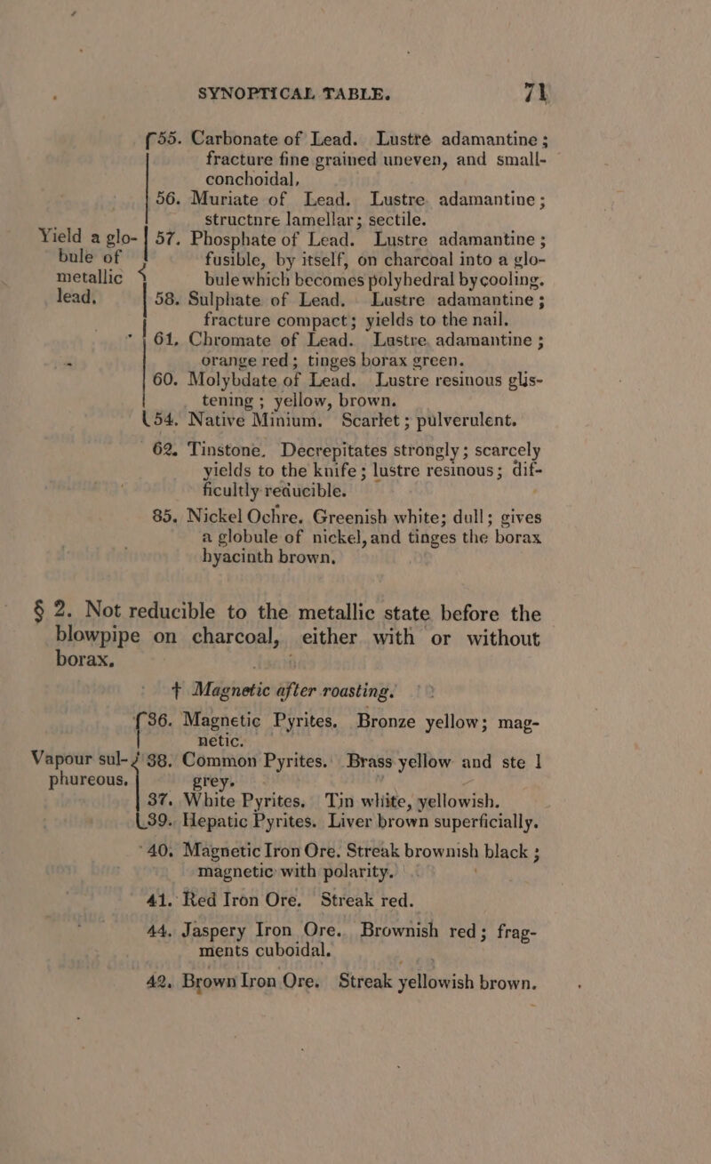 (55. Carbonate of Lead. Lustre adamantine ; fracture fine grained uneven, and small- conchoidal, 56. Muriate of Lead. Lustre adamantine ; structnre lamellar; sectile. Yield a glo- | 57, Phosphate of Lead. Lustre adamantine ; bule of fusible, by itself, on charcoal into a glo- metallic bule which becomes polyhedral by cooling. lead. 58. Sulphate of Lead. Lustre adamantine ; fracture compact; yields to the nail. * | 61, Chromate of Lead. Lustre, adamantine ; ‘ orange red; tinges borax green. 60. Molybdate of Lead. Lustre resinous glis- tening ; yellow, brown. 54. Native Minium. Scartet ; pulverulent. 62. Tinstone. Decrepitates strongly; scarcely yields to the knife ; lustre resinous ; dif ficultly reducible. 85. Nickel Ochre. Greenish white; dull; gives a globule of nickel, and tinges the borax hyacinth brown, § 2. Not reducible to the metallic state before the blowpipe on charcoal, either with or without borax. Asati + Magnetic after roasting. 36. Magnetic Pyrites, Bronze yellow; mag- netic. Vapour sul- /'$8. Common Pyrites. Brass yellow and ste 1 phureous. grey. 37. White Pyrites, Tin whiite, yellowish. 39. Hepatic Pyrites. Liver brown superficially. ‘40. Magnetic Iron Ore. Streak brownish black ; magnetic with polarity. 41. Red Iron Ore. Streak red. 44, Jaspery Iron Ore. Brownish red; frag- ments cuboidal. 42, Brown Iron Ore. Streak Storch sands