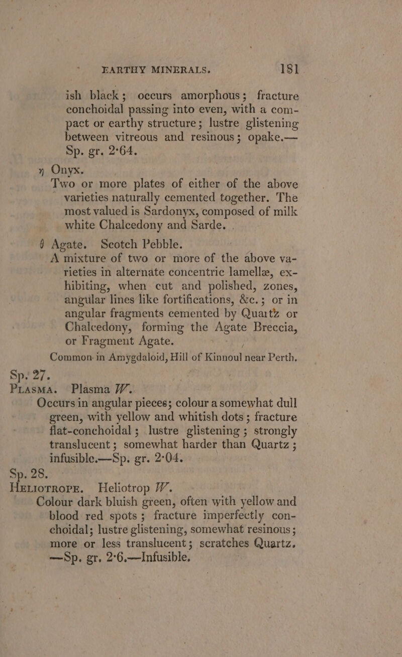 ish black; occurs amorphous; fracture conchoidal passing into even, with a com- pact or earthy structure; lustre glistening between vitreous and resinous; opake.— Sp. gr. 2°64. y Onyx. Two or more plates of either of the above varieties naturally cemented together. The most valued is Sardonyx, composed of milk white Chalcedony and Sarde. . @ Agate. Scotch Pebble. A mixture of two or more of the above va- Tieties in alternate concentric lamelle, ex- hibiting, when cut and polished, zones, angular lines like fortifications, &amp;c.; or in angular fragments cemented by Quartz or Chalcedony, forming the Agate Breccia, or Fragment Agate. Common in Amygdaloid, Hill of ieiacut near Perth, Sp. 27. PrasMA. Plasma WV. Occurs in angular pieces; colour a somewhat dull green, with yellow and whitish dots ; fracture flat-conchoidal ; lustre glistening ; strongly translucent ; somewhat harder than Quartz ; infusible.—Sp. gr. 2°04. Sp. 28. HELiotRorE. Heliotrop WV. Colour dark bluish green, often with vellave and blood red spots; fracture imperfectly con- choidal; lustre glistening, somewhat resinous ; more or less translucent ; scratches Quartz. —Sp. gr, 2°6.—Infusible.