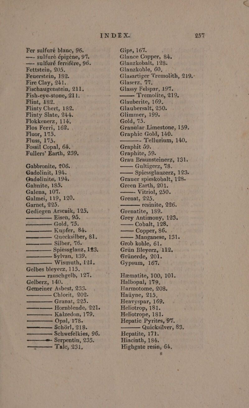 + Fer sulfuré blanc, 96. —- sulfuré épigéne, 917. —- sulfuré ferrifére, 96. Fettstein, 205. Feuerstein, 182. Fire Clay, 241. Fischaugenstein, 211. Fish-eye-stone, 211. Flint, 182. Flinty Chert, 182. Flinty Slate, 244. Flokkenerz, 114, Flos Ferri, 162. Fluor, 175. Fluss, 175. Fossil Copal, 64. Fullers’ Earth, 239. Gabbronite, 206. Gadolinit, 194. Gadolinite, 194. Gahnite, 185. Galena, 107. Galmei, 119, 120. Garnet, 225. Gediegen Arsenik, 125, Eisen, 95. Gold, '75. —— Kupfer, 84. Quecksilber, 81. ——— Silber, 76. —--——- Spiessglanz, 123. Sylvan, 139. —_-——- Wismuth, 121. Gelbes bleyerz, 115. rauschgelb, 127. Gelberz, 140. Gemeiner Asbest, 233. Chlorit, 202. Granat, 225. Hornblende, 221. Kalzedon, 179. Opal, 178. me —— Schorl, 218. Schwefelkies, 96. ———- Serpentin, 235. = Tale, 231, a Gips, 167. Glance Copper, 84, Glanzkobalt, 128. Glanzkoble, 60, Glasartiger Tremolith, 219.° Glaserz, 77. Glassy Felspar, 197. | Tremolite, 219. Glauberite, 169. Glaubersalt, 250. Glimmer, 199. Gold, 75. Granular Limestone, 159. Graphic Gold, 140. - Tellurium, 140, Graphit 59. Graphite, 59. Grau Braunsteinerz, 131. Gultigerz, 78. Spiessglanzerz, 123, Grauer spieskobalt, 128. Green Earth, 201. ~ Vitriol, 250. Grenat, 225, resinite, 226. Grenatite, 189. Grey Antimony, 123. Cobalt, 128. Copper, 86. . Manganese, 131. Grob kohle, 61. Grin Bleyerz,. 112, Grinerde, 201. Gypsum, 167. Hematite, 100, 101. Halbopal, 179. Harmotome, 208. Haitiyne, 215. Heavyspar, 169. Heliotrop, 181. Heliotrope, 181. Hepatic Pyrites, 97. Quicksilver, 83, Hepatite, 171. Hiacinth, 184. Highgate resin, 64, s