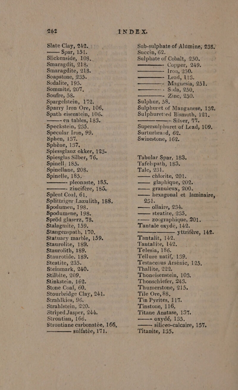 Slate Clay, 242. Spar, 151. Slickenside, 108, Smaragdit, 218. Smaragdite, 218. Soapstone, 235. Sodalite, 195. Sommite, 207, Soufre, 58. Spargelstein, 172. Sparry Iron Ore, 106, Spath eisenstein, 106. 4 -en tables, 183. Speckstein, 235. Specular Iron, 99. Sphen, 137. Sphéne, 137. Spiessglanz okker, 125. Spiesglas Silber, 76, Spinell. 185. Spinellane, 208. Spinelle, 185. - pleonaste, 185. - zincifére, 185. Splent Coal, 61, Splittriger Lazulith, 188. Spodumen, 198. Spodumene, 198. Sprod glaserz, 78. -Stalagmite, 159. Stangenspath, 170. Statuary marble, 159. Staurolite, 189. Staurolith, 189. Staurotide, 189. Steatite, 235. teinmark, 240. Stilbite, 209. Stinkstein, 162. Stone Coal], 60. Stourbridge Clay, 241. Strahlkies, 96. Strahlstein, 220. Striped Jasper, 244, Strontian, 166. sulfatée, 171. Sub-sulphate of Alumine, 238, Succin, 62. Sulphate of Cobalt, 250. - Copper, 249. - Iron, 250. ——- Lead, 113. ——-- Magnesia, 25]. ~+ Soda, 250, ———-_ Zinc, 250. Sulphur, 58. Sulphuret of Manganese, 132, Sulphuret! ed Bismuth, 121, — Silver, U1. Supersulphuret of Lead, 109, Surturbrand, 62. Swinestone, 162. Tabular Spar, 183, ; Tafelspath, 183. Talc, 231. chlorite, 201. glaphique, 202. granuleux, 200. hexagonal et Jaminaire, 251. ollaire, 234. —— steatite, 235, -—— zoographique, 201, Tantale oxyde, 142. yttrifére, 142. Tantalit, 142. Tantalite, 142, Telesia, 186. Tellure natif, 139, Testaceous Arsénic, 125, Thallite, 222, Thoneisenstein, 103. Thonschiefer, 243. Thumerstone, 215. Tile Ore, 88, Tin Pyrites, 117. Tinstone, 116, Titane Anatase, 137. - oxydé, 135. - siliceo-calcaire, 157. Titanite, 135.