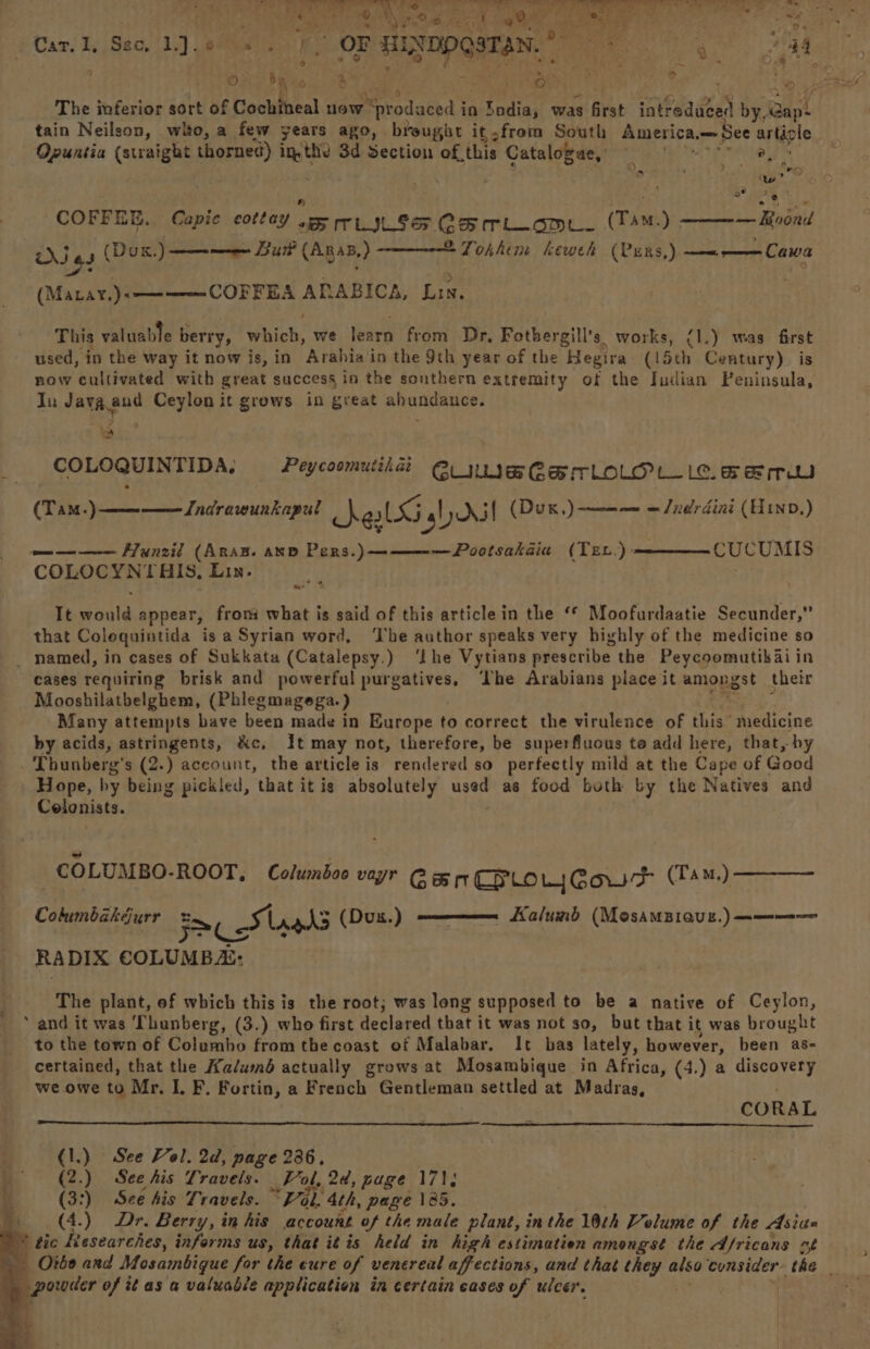 Pe Leh y! eh : 1, apr ysiuih és ows 9 OR ne ek ae ek s \ ry oe arate i 2’ Car. 1, Seo, 1). 06s. f, OF HENDDQSTAN, * ee 4 Bit as +) Cae Peto 2% ne jf teh ¢ The inferior sort of Cochineal now “produced i in a Bodiay was first iatPaauben by, Gaps tain Neilson, who, a few years ago, breught it >from South America See artiole | Opuntia Sipe a thorned) ust 3d Section of this Pace cicbs ne is na 2. Se ‘ ipl AM ; x tw ’ COFFEE. Capie corlay py TLILSS CB rlLeomt_ (Tam.) Lina Xs 9 (Duk.) —— = Burt? (ARAB, ) 2Tohhem keweh (Purs,) ————Cawa (Maay.)<——-—--—- COFFEA ARABICA, Lin. This valuable berry, hich: we ieirp from Dr, Fothergill’s works, (1.) was first used, in the way it now is, in Arabia/in the 9th year of the Hegira (15th Century) is now Aietad with great success in the sonthern extremity of the Iudian Peninsula, Ju Java and Ceylon it grows in great ahundauce. 3 | COLOQUINTIDA, Peycoomutihat Cpe CerlLolLOr_ lee erw (Tam.)—— Indrawunkapaul hes IG hdl (Duk,) ame = Jnr dini (Hinb.) CUCUMIS wm ——— Hunzil (Aras. axpw Pers.)————Pootsakaiu (Tex. hae CORDS PTS. Lin. us It ein appear, from what is said of this article in the ‘© Moofurdaatie Secunder,” that Colequintida is a Syrian word, ‘The author speaks very highly of the medicine so cases requiring brisk and powerful purgatives, ‘Lhe Arabians piace it amongst their Mooshilatbelghem, (Phlegmagega. ) Many attempts have been made in Europe to correct the virulence of this” medicine by acids, astringents, &amp;c, It may not, therefore, be superfluous to add here, that, by Thunberg's (2.) account, the article is rendered so perfectly mild at the Cape of Good Hope, hy being pickled, that it is absolutely used as food both by the Natives and Colonists. . COLUMBO-ROOT, Columbo vayr Cg ry CRLoLj Gout (Tam.) ——— Cohumbakéjurr > cSt A AS (Dux.) RADIX COLUMBA: Kalumb (Mesamziaus.) ———— The plant, ef which this is the root; was long supposed to be a native of Ceylon, ‘and it was Thunberg, (3.) who first declared that it was not so, but that it was brought to the town of Columbo from the coast of Malabar. It bas lately, however, been as- certained, that the Aa/umé actually grows at Mosambique in Africa, (4.) a discovery we owe to Mr. I. F. Fortin, a French Gentleman settled at Madras, CORAL (1.) See Vol. 2d, page 236, (2.) See his Travels. Kol, 2d, page 171, (3:) See his Travels. “Vol. 4th, page 1285. (4.) Dr. Berry, in his account of the male plant, inthe 10th Volume of the Asian * tic Researches, informs us, that itis held in high estimatien amongst the Africans xt a Orbe and Mosambigue for the cure of venereal affections, and that esate also consider the _ | tote of it as a valuable application in certain cases of ulcer.