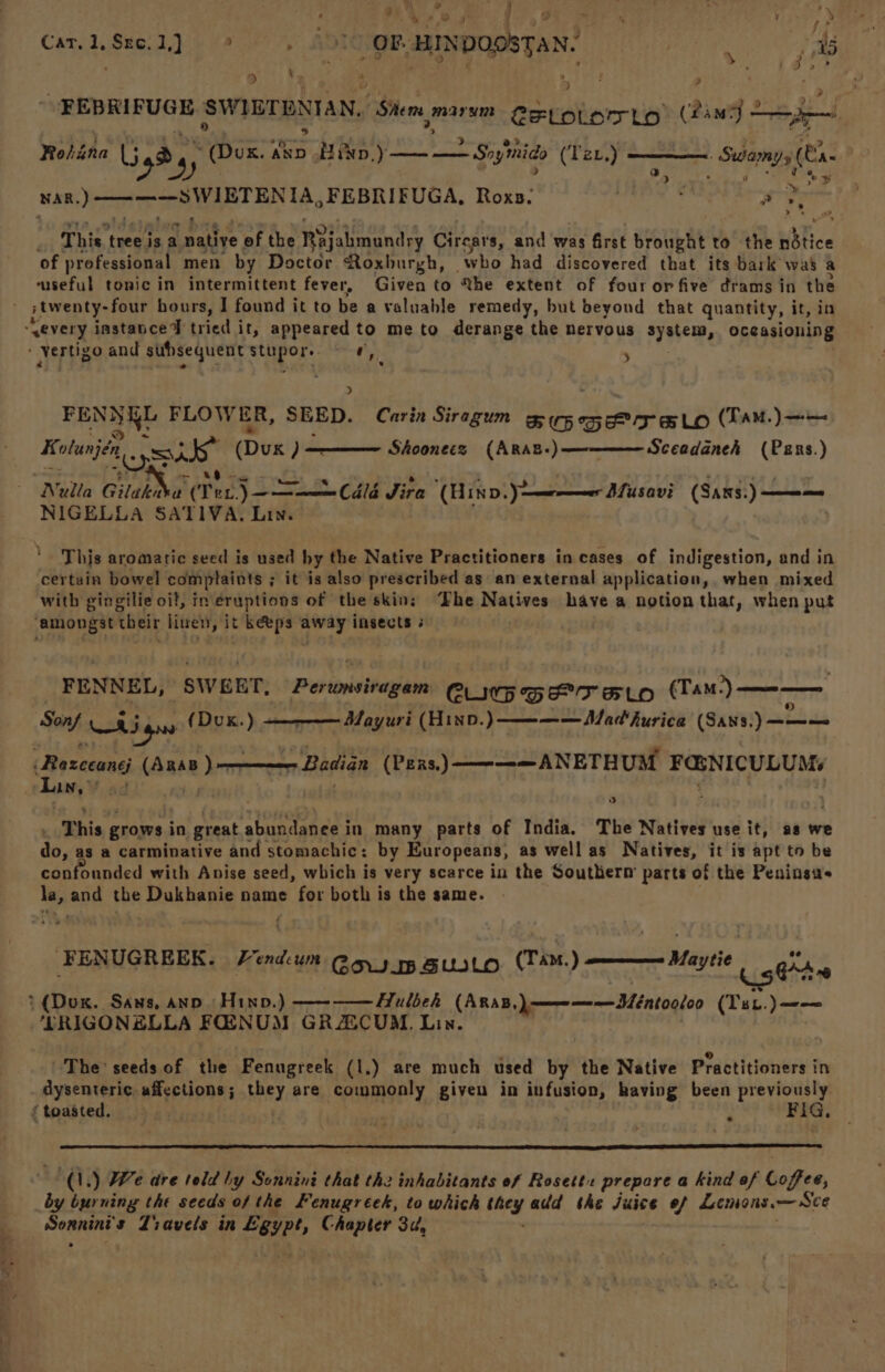 ae VA » 9 f s >» ,» ; 9 7 %. : ; se Car. 1, See. 1} ro ROTOREE. auNDapSTAN: tht: Wancks 5S “FEBRISUGE SWIDTENTAN, en taee eekly, vie) Bae) i Rohina lige 4 Nex: AND | Hie.) — 2 Sophie (Tzx.) -Seéamy, (Es | van.) ————SWIETENIA, FEBRIFUGA, Rox. LABS pest a This tree. isa Unattye of the igioiees Circars, and was first brought to the nbtice of professional men by Doctor Roxburgh, ‘who had discovered that its bark was a useful tonic in intermittent fever, Given to Qhe extent of four orfive drams in the . ; twenty-four hours, I found it to be a valuable remedy, but beyond that quantity, it, in “every instance tried it, appeared to me to derange the nervous system, oceasioning Vertigo and subsequent stupor: ean ti) at) FEN) NRL FLOWER, SEED. Carin Siragum GGT SLO (Tam. ) Kolunjen Cee eDiik! jis ane ——————— Shooneczs (ARAB-) Sceadaneh (Pzns.) ie Ket Nulla Gilaka w (Tee, )-———Caild Jira (Hino. Yer Mussavi (Sans. —— NIGELLA SATIVA, Lin. This aromatic seed is used by the Native Practitioners in cases of indigestion, and in certain bowel comptaints ; it is also prescribed as an external application, when mixed with gingilie oil, in'éruptions of the skin; ‘Fhe Natives have a notion that, when put ‘amongst their linen, it keeps ‘Piet insects ¢ | FENNEL, SWEET, Perumsiragam: CLIVE GET SLO (Tam) ——— Sonf er a) (Dux.) ~Mayuri (Hinp. ) —— — — Matt hurica (Sans. Yates Baxecane (AnAB ) = - Badian (Peas.) —-——ANETHUM FO:NICULUMs Lin,’ This grows in great ahundahens in many parts of India. The Natives use it, as we do, as a carminative and stomachic: by Europeans, as well as Natives, it is apt to be confounded with Anise seed, which is very scarce in the Southern parts of the Peninsas ng and the Dukhanie name for both is the same. Maytie GrAn ‘FENUGREEK. Verdun @oyy 75 3usto. (TAM) * (Dox. Sans, anv Hinp.) —-———Hulbeh (ARAB, ) —————Iéntooloo (Tse. _— ‘LRIGONELLA FQENUM GRZECUM. Lin. The' seeds of the Fenugreek (1.) are much used by the Native Practitioners in dysenteric affections; they are commonly given in infusion, having been previously ‘toasted. a : FIG, © “a, ) We dre teld by Sonninz that the inhabitants ef Rosett prepare a kind of Coffee, by burning the seeds of the Fenugreek, to which iaey add the Juice of Lemons.— See mak kats: s Ziavels in Esyet, Chapter 34, |