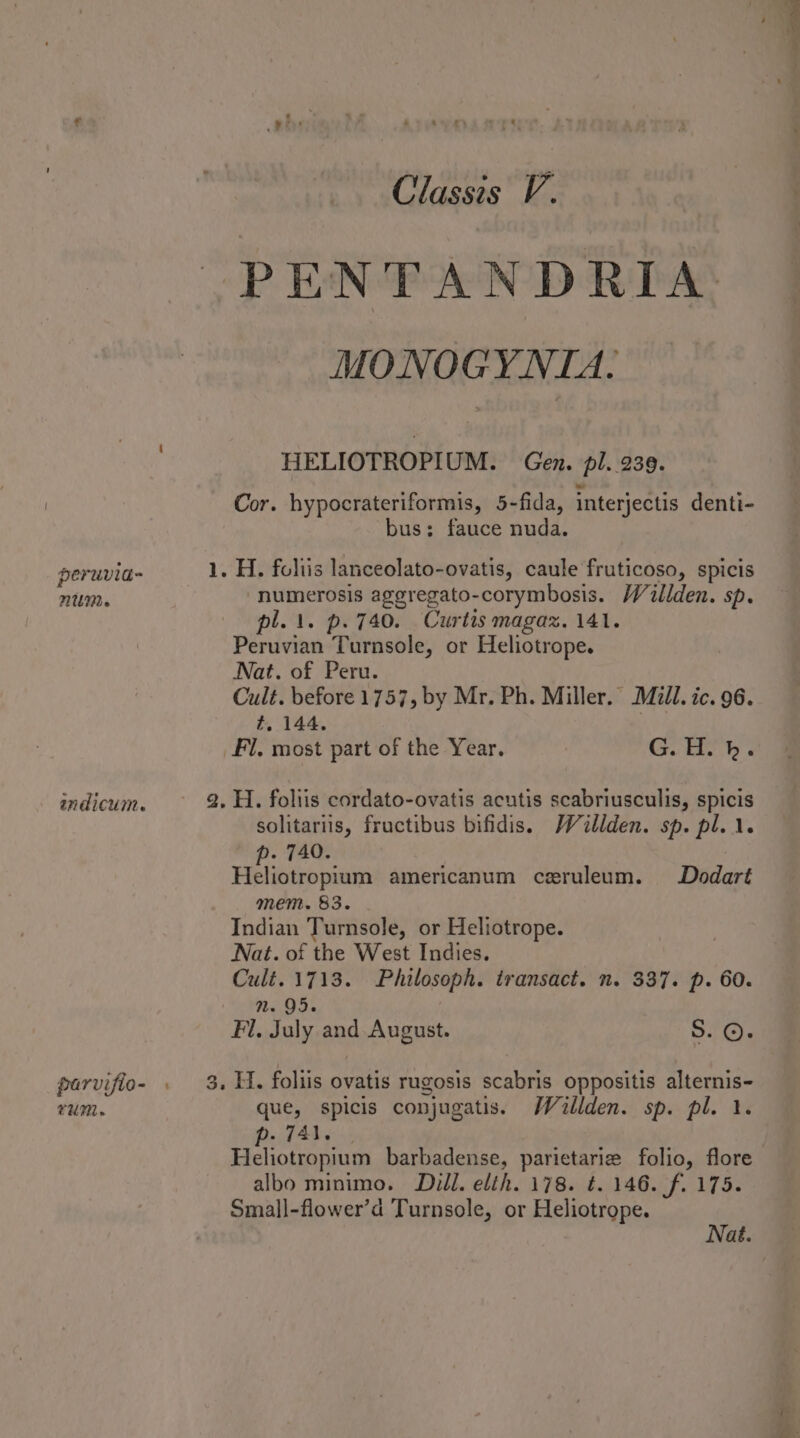 peruvia- NUM. IL ICUI TUM. Classis V. PENTANDRIA MONOGY NIA. HELIOTROPIUM. Gen. pl..239. Cor. hypocrateriformis, 5-fida, interjectis denti- bus; fauce nuda. numerosis aggregato-corymbosis. Willden. sp. pl. 1. p. 740. Curtis magaz. 141. Peruvian Turnsole, or Heliotrope. Nat. of Peru. Cult. before 1757, by Mr. Ph. Miller. Mill. ic. 96. t, 144. Fl, most part of the Year. Ge): solitariis, fructibus bifidis. Wollden. sp. pl... p. 740. ; Heliotropium americanum ceruleum. Dodart mem. 83. Indian Turnsole, or Heliotrope. Nat. of the West Indies. Cult. 1713. Philosoph. transact. n. 337. p. 60. RiOS: Fl, July and August. 5S. ©. que, spicis conjugatis. Wallden. sp. pl. 1. p. 741. - Heliotropium barbadense, parietarie folio, flore albo minimo. Dull. elih. 178. t. 146. f. 175. Small-flower’d Turnsole, or Heliotrope. Nat. —