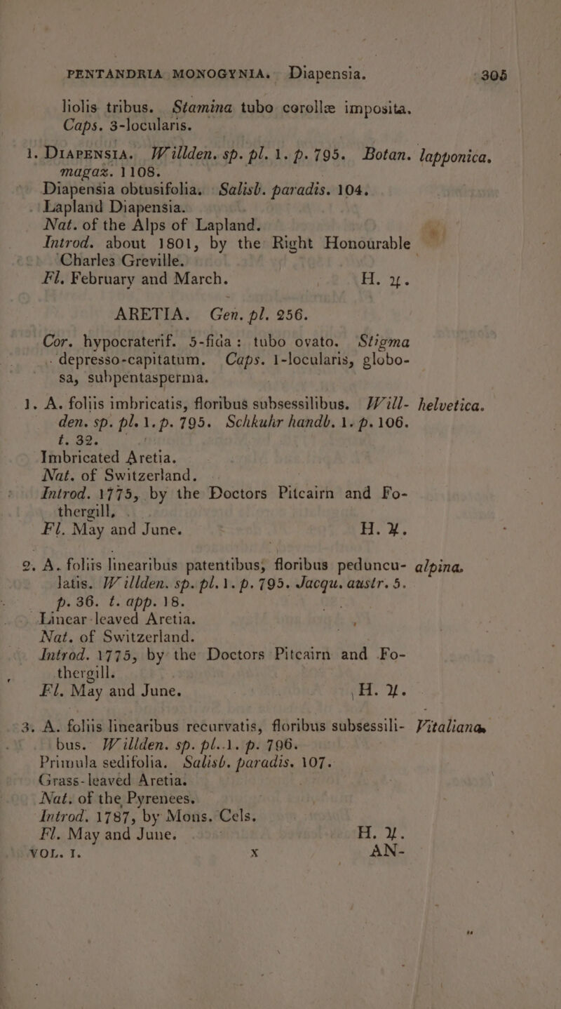 } liolis. tribus. Stamina tubo cerolle imposita. Caps. 3-locularis. . DiapEnsia. W illden. 1. pl.l.p. 795. Botan. magaz. 1108. Diapensia obtusifolia. Salish. paradis. 104, Nat. of the Alps of Lapland. ‘Charles Greville. to ARETIA. Gen. pl. 256. Cor. hypocraterif. 5-fida: tubo ovato. Stigma lapponica. * sa, subpentasperma. . A. foliis imbricatis, floribus subsessilibus. I 7ll- em sp. pl.l.p. 795. Schkuhr handb. 1. p. 106. e282 Hinhiiesiad SPL Nat. of Switzerland. | Introd. 1775, by the Doctors Pifcairh and Fo- thergill, Fl. May and June. H. y. . A. foliis linearibus patentibus, floribus peduncu- latis. W illden. sp. pl... p.795. gt austr. 5. p. 36. t. app. 18. Nat. of Switzerland. Introd. 1775, by the Doctors Pitcairn and Fo- thergill. Fl, May and June. tia. 2. . A. foliis linearibus recurvatis, floribus subsessili- bus. Weillden. sp. pl..1. p. 796. Primula sedifolia. Sadisb. pareerss, 107. Grass-leaved Aretia. Nat. of the Pyrenees. Introd. 1787, by Mons. belt: Fl. May and June. . Peg VOL. I. x AN- helvetica. alpina, Vi italiana