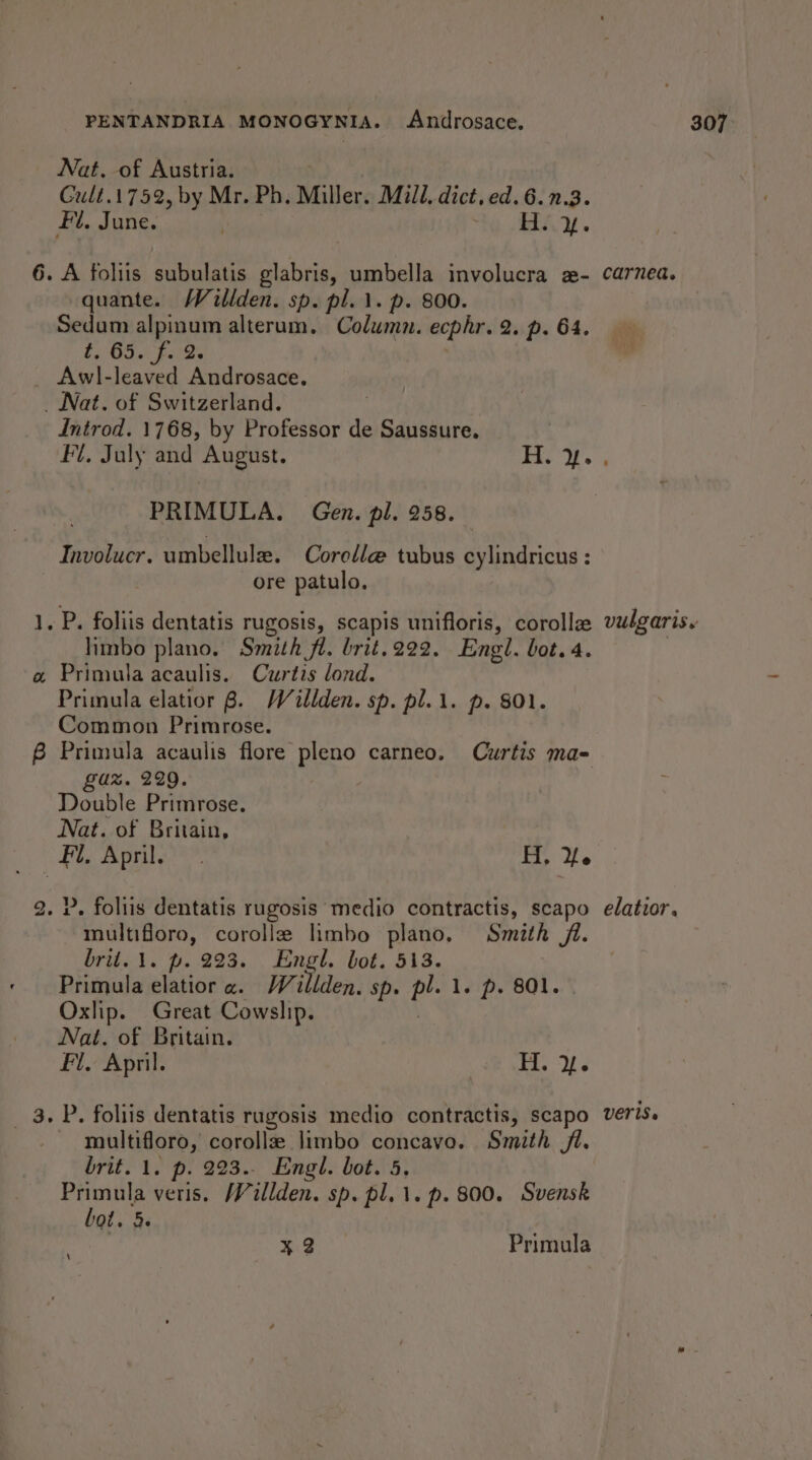 Nat. of Austria. Cult.1752, by Mr. Ph. Miller. Mill, dict, ed. 6.n.3. Fl. June. “th RAY. 6. A foliis subulatis glabris, umbella involucra z- quante. Waillden. sp. pl. 1. p. 800. Sedum aa alterum. Column. ecphr. 2. p. 64. FP Mae _ Awl-leaved Androsace. _ Nat. of Switzerland. Introd. 1768, by Professor de Saussure. carnea. PRIMULA. Gen. pl. 258. Involucr. umbellule. Corelle tubus cylindricus : ore patulo. 1. P. foliis dentatis rugosis, scapis unifloris, coroll limbo plano. Smith fi. brit.222. Engl. bot. 4. a Primula acaulis. Curtis dond. Primula elatior 8. /WVillden. sp. pl.1. p. 801. Common Primrose. 6 Primula acaulis flore pleno carneo. Curtis ma- £U%. 229. Double Primrose. Nat. of Britain, £i. rl 8 HH, Yo 2. P. foliis dentatis rugosis medio contractis, scapo multifloro, corolle limbo plano. Smith jl. brit. 1. p. 223. Engl. bot. 513. Primula elatior « Willden. Sp. Pe l. p. 801. Oxlip. Great Cowslip. Nat. of Britain. Fl. April. H. i. 3. P. foliis dentatis rugosis medio contractis, scapo multifloro, corolla limbo concave. Smith fl. brit. 1. p. 223.. Engl. bot. 5, Primula veris. /Villden. sp. pl. 1. p. 800. Svensk bot. 5. ¥ 2 Primula vulgaris. elatior. VeTISe