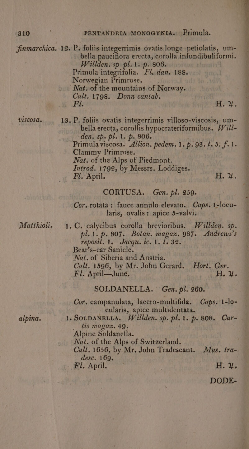 ViSCOSA. Matthiolt. alpina. bella pauciflora erecta, corolla infundibuliformi. Willden. sp pl... p. 806. Primula integrifolia. LU. dan. 188. Norwegian Primrose. Nat. of the mountains of Norway. Cult. 1798. Donn cantabl. Fi. \; eae bella erecta, corollis hypocrateriformibus. Will- den. sp. pl. 1. p. 806. Primulaviscosa. Allion. pedem. 1. p.93.t.5. f. 1. Clammy Primrose. Nat. of the Alps of Piedmont. Introd. 1792, by Messrs. Loddiges. Fl, April. H. f. CORTUSA. Gen. pl. 259. Cor. rotata: fauce annulo elevato. Caps. 1-locu- laris, ovalis: apice 5-valvi. pl... p. 807. Botan. magaz. 987. .Andrews’s reposit. 1. Jacqu. tc. 1. t. 32. Bear’s-ear Sanicle. Nat. of Siberia and Austria. Cult. 1596, by Mr. John Gerard. Hort. Ger. Fl. April—June. i, Ws SOLDANELLA. ° Gen. pl. 260. Cor. campanulata, lacero-multifida. Caps. 1-lo- cularis, apice multidentata. tis magaz. 49. Alpine Soldanella. Nat. of the Alps of Switzerland. desc. 169. DODE-