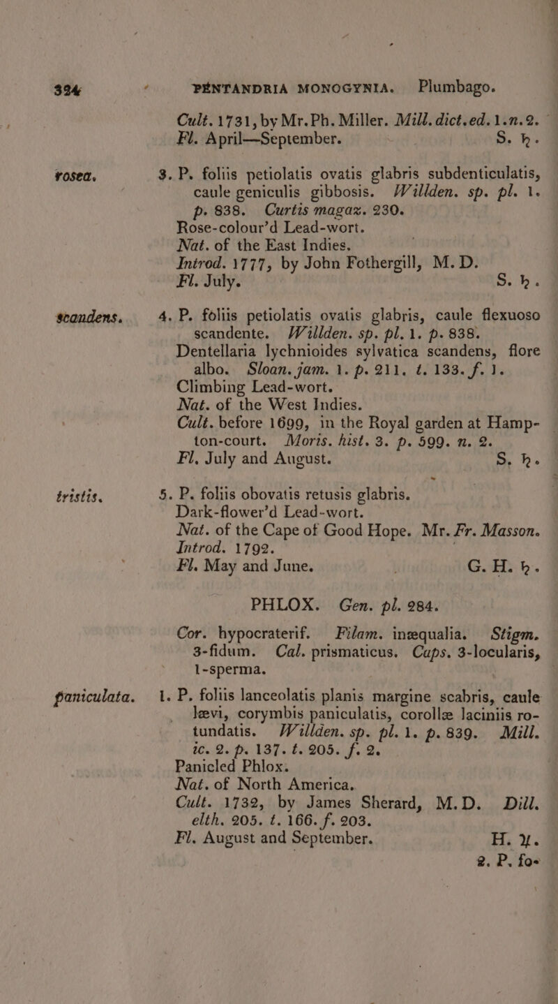 Cult. 1731, by Mr.Ph. Miller. Mild. dict.ed.1.n.2. Fl. April—September. S. h. . P. foliis petiolatis ovatis glabris subdenticulatis, caule geniculis gibbosis. Waillden. sp. pl. 1. p- 838. Curtis magaz. 230. Rose-colour’d Lead-wort. Nat. of the East Indies, Introd. 1777, by John Fothergill, M.D. Fl. July. S.h. . P. foliis petiolatis ovatis glabris, caule flexuoso scandente. Weillden. sp. pl. 1. p. 838. Dentellaria lychnioides sylvatica scandens, flore albo. Sloan. jam. 1. p. 211, ¢. 133. f. J. Climbing Lead-wort. Nat. of the West Indies. Cult. before 1699, in the Royal garden at Hamp- | ton-court. Moris. hist. 3. p. 599. 1. 2. Fi, July and August. a . P. foliis obovatis retusis glabris. Dark-flower’d Lead-wort. Nat. of the Cape of Good Hope. Mr. Fr. Masson. Introd. 1792. } Fl, May and June. G.H. kh. PHLOX. Gen. pl. 284. Cor. hypocraterif. Filam. inequalia. Stigm. 3-fidum. Cal. prismaticus. Caps. 3-locularis, 1-sperma. | . P, foltis lanceolatis planis margine scabris, caule Jevi, corymbis paniculatis, corollz laciniis ro- tundatis. Wailden. sp. pl.1. p.839. Mill. 0..20 95 137..t/2805s f, 2. Panicled Phlox. Nat. of North America, Cult. 1732, by James Sherard, M.D. Dill. elth. 205. t. 166. f. 203. Fl, August and September. Hy %. 2. P. foe