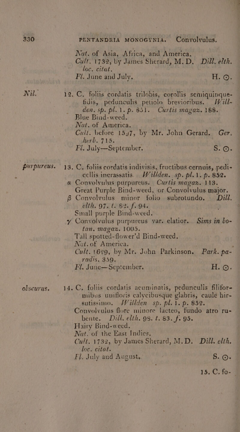 Nil. Nat. of Asia, Africa, and America. Cult. 1732, by James Sherard, M.D. Dill. elth. loc. citat. Fl, June and July. rH, (OF fidis, pedunculis petiolo brevioribus. Will- den. sp. pl.1.p. 851. Curtis mazaz. 188. Blue Bind- weed. Nat. of America. Cult, before 1537, by Mr. John Gerard. Ger. herb. Aids Fl, July—September. 5. ©. olscurus. cellis incrassatis. Wall/den.. sp. pl... p. 852. Great Purple Bind-weed, or Convolvulus major. elth. 97. t. 82. f. 94. Small purple Bind-weed. tan. magax. 1005. Tall spotted-flower’d Bind-weed. Nai.of America. Cult. 1629, by Mr. John Parkinson. Park. pa- radis. 359. Fl. June—September. H.©. mibus uuifloris calycibusque glabris, caulé hir- sutissimo. /Villden sp. pl. 1. p. 852. Convolvulus flore minore lacteo, fundo atro ru- bente. Dull. elth. 98. t. 83. f. 95. Hairy Bind-weed. Jat. of the East Indies. Cull. 1732, by James Sherard, M.D. Dill. elth. loc. citat. Fl, July and August, | 8. ©. 15. C. fo- }