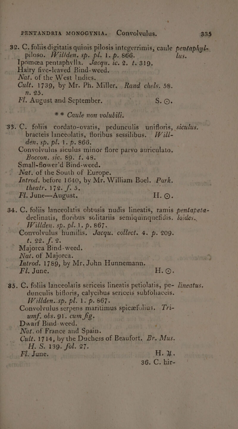 piloso. Wilden. sp. pl. 1. p. 866. lus. Tpomeea pentaphylla. Jacq. ic. 2. t. 319. Hairy five-leaved Bind-weed. Nat. of the West Indies. Cult. 1739, by Mr. Ph. Miller. Rand chels. 58. nm. 25. Fl. August and September. 5. ©. * * Caule non volubili. C. folis cordato-ovatis, pedunculis unifloris, sicudus. bracteis lanceolatis, floribus sessilibus. JV idl- den. sp. pl. 1. p. 866. Convolvulus siculus minor flore parvo auriculato. Boccon. sic. 89. t. 48. Small-flower’d Bind-weed. Nat. of the South of Europe. Introd. before 1640, by Mr. William Boel. Park. theair. 172. f. 5. Fl, June—August. H. ©. C. foliis Janceolatis obtusis nudis lineatis, ramis pentfapeta- declinatis, floribus solitarlis semiquinquefidis. loidey., Convolvulus humilis. Jacqu. collect. 4. p. 209. Ae Bee . Nat. of Majorca. : Introd. 1789, by Mr. John Hunnemann. Fl. June. : H.©. C, foliis lanceolatis sericeis lineatis petiolatis, pe- lineatus. dunculis bifloris, calycibus sericeis subfoliaccis. Willden..sp. pl. 1. p. 867. Convolvulus serpens maritimus spicefolius. Tri- umf. ols. 91. cum fig. Dwarf Bind- weed. Nat. of France and Spain. H. S. 139. fol. 27. Fl, June. | Wal. 36. C. hire