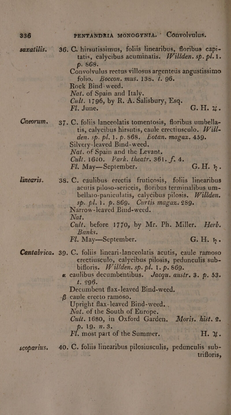 Cneorum. linearis. scoparius. tatis, calycibus acuminatis. Willden. sp. pl. 1. p. 868. Convolvulus rectus villosus wie Yee at folio. Boccon. mus. 138. ¢. 96. Rock Bind- weed. Nat. of Spain and Italy. Cult. 1796, by R. A. Salisbury, Esq. Fi. June. Feris ie C. foliis lanceolatis tomentosis, floribus umbella- den. sp. pl. 1. p. 868. otan. magaz. 459. Silvery-leaved Bind-weed. Nat. of Spain and the Levant. Cult. 1640. Park. theatr. 361. f. 4. C. caulibus: erectis fruticosis, foliis linearibus acutis piloso-sericeis, floribus terminalibus um- bellato-paniculatis, calycibus pilosis.. Willden. sp. pl. 1. p. 869. Curtis magaz. 289. B Cult. before 1770, by Mr. Ph. Miller. Herb. Banks. C. foliis lineari-lanceolatis acutis, caule ramoso erectiusculo, calycibus pilosis, pedunculis sub- bifloris. Waillden. sp. pl. 1. p. 869. caulibus decumbentibus. Jacqu. austr. 3. p. 53. t. 296. Decumbent flax-leaved Bind-weed. caule erecto ramoso. Upright flax-leaved Bind-weed. , Nat. of the South of Europe. Cult. 1680, in Oxford Garden. Moris. hist. 2. p. 19. 2.3. 40. C. foliis linearibus pilosiusculis, pedunculis sub- trifloris, Ea: