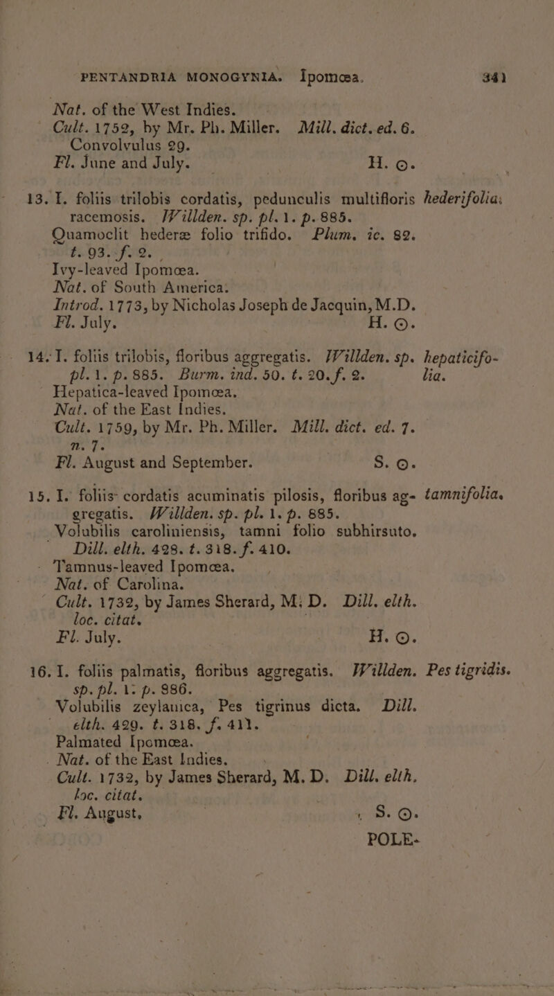 Nat. of the West Indies. | Cult. 1752, by Mr. Ph. Miller. Mill. dict. ed. 6. Convolvyulus 29. Fl. June and July. . | be Rene I. foliis trilobis cordatis, pedunculis multifloris hederifolia, racemosis. /Villden. sp. pl.\. p. 885. QOuamoclit hedere folio trifido. Plum. ic. 82. t..93..fo2, Ivy-leaved Ipomeea. Nat. of South America. Introd. 1773, by Nicholas Joseph de Jacquin, M.D. Fl. July. . sss Oe I. foltis trilobis, floribus aggregatis. /Villden. sp. hepaticifo- pl.i. p.885. Burm. ind. 50. t. 20.f. 2. lia. Hepatica-leaved Ipomeea. Nat. of the East Indies. Cult. 1759, by Mr. Ph. Miller. Mill. dict. ed. 7. nm. 7. Fl. August and September. S. ©. I. foliis: cordatis acuminatis pilosis, floribus ag- tamnifolia. gregatis. Willden. sp. pl. 1. p. 885. Dill. elth. 428. t. 318. f. 410. Nat. of Carolina. loc. citat. Fi. July. H. ©. I. foliis Ase floribus aggregatis. WWillden. Pes tigridts. sp. pl. 1: p. $86. Volubilis zeylanica, Pes tigrinus dicta. Dull. elth. 499. t. 318. f. 411. Palmated [pomeea. Cult. 1732, by James Sherard, M.D. Dill. elth. loc. citat. POLE: