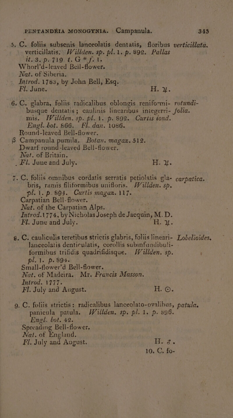 5, C. foliis subsenis lanceolatis dentatis, floribus verticillata. verticillatis: Wildden. ae pl.l. p. 892. Pallas US epaTl9€. GRA Whorl’d-leaved Beil-flower. Nat. of Siberia. Jntrod. 1783, by John Bell, Esq. Fl. June. i ee 6. C. glabra, foltis Pati catibus oblongis Bete yi rotundi- busque dentatis; caulinis linearibus integerri- folia. mis. Willden. sp. pl. 1. p. 892. Curtis tond. Engl. bot. 866. Fl. dan. 1086. Round-leaved Bell-flower. 8 Campanula pumila. Botan. magaz. 512. ' Dwarf round-leaved Bell-flower. Nat. of Britain. ast. June and July. 2 ie 7. C. foliis omnibus cordatis serratis petiolatis gla- bris, rams filiformibus unifloris. /illden. sp. pl. 1. p.894. Curtis maguz.117. — Carpatian Bell-flower. | . Nat. of the Carpatian Alps. Introd.1774, by Nicholas Joseph de Jacquin, M. D. Fl. June and July. Bay carpatica. 8. C. cauliculis teretibus strictis glabris, foliis neat: Lobelioides, Janceolatis denticulatis, corollis subinfundibuli- - formibus trifidis quadrifidisque. /Vallden. sp. pl. i. p. 894. | Small-flower’d Bell-flower. Nat. of Madeira. Mr. Francis Masson. Introd. 1777. Fi. July and August. H. ©. g. C. foliis strictis: radicalibus lanceolato-ovalibus, patula. panicula patula. Willden. sp. pl. 1. p. 896. Engl. bot. 492. Spreading Bell-flower, Nat. of England. Fl. July and August. ie os 10. C, fo-